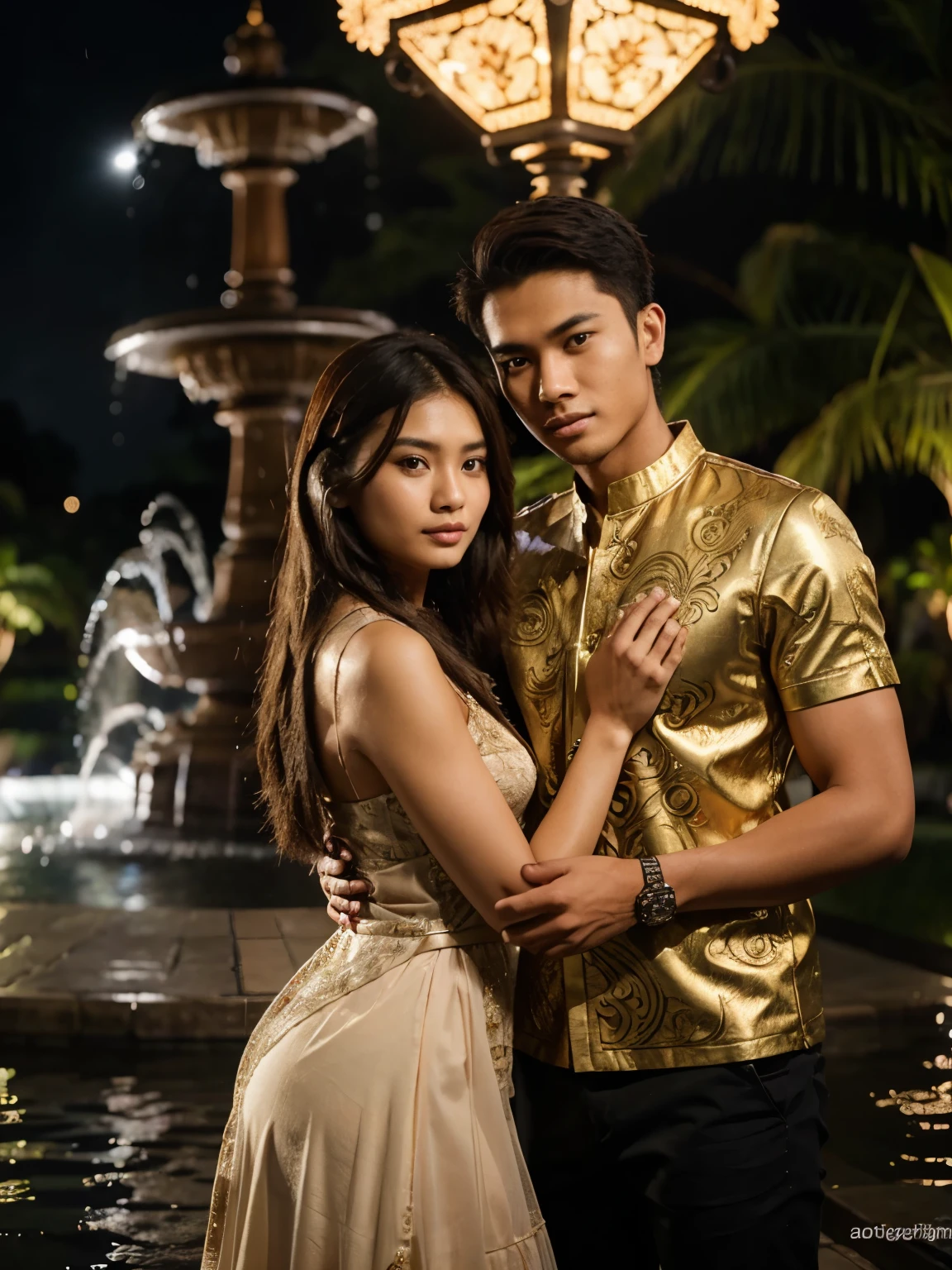 A young handsome Indonesian man is taking a photo together with a beautiful 22 year old brown haired Indonesian woman posing in front of a fountain at night, best quality, realistic, photorealistic, (intricate detail: 1.2), (fine detail), (cinematic light ), clear lines, sharp focus, realistic face, detailed face, unity 8k wallpaper, very high resolution, (photorealistic: 1.4), He is looking at the viewer