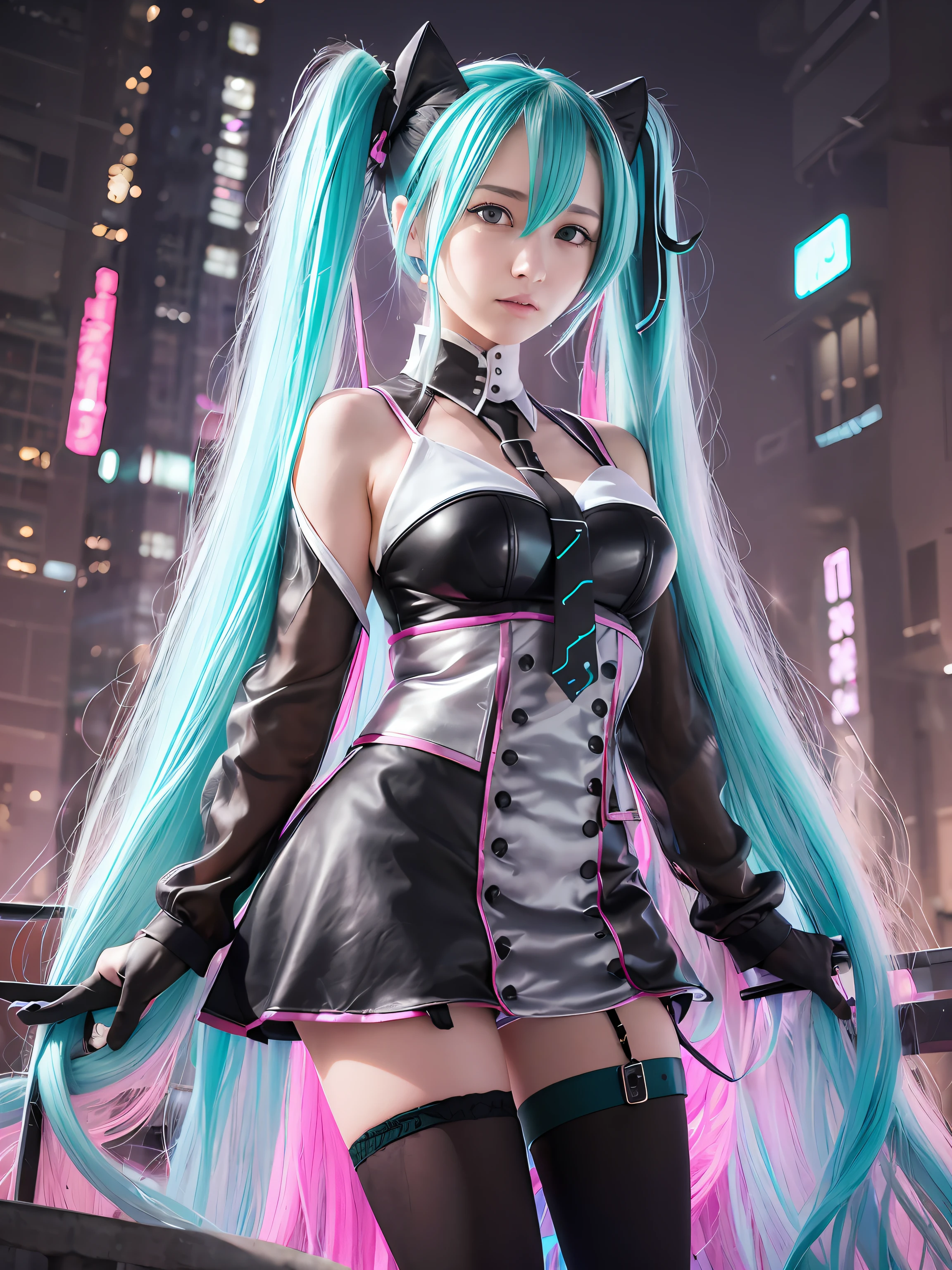 (lifelike:1.4),(1 girl), (best quality), (masterpiece), Very detailed, Detailed rendering, (high resolution), Hatsune Miku, garters,Upholstered, long hair, Raise your legs high,black skirt, alone, boots, aqua hair, Double tail, black jacket, High heel, sweet devil \(singing voice\),Hatsune Miku, Slender figure, Smooth skin, professional lighting, future fashion,high-tech fabrics, fireproof material,black bodycon skirt,Beautiful and delicate eyes,detail hair, Super detailed ,Detailed face,full black, cyberpunk, Robotic arm, pink headband,