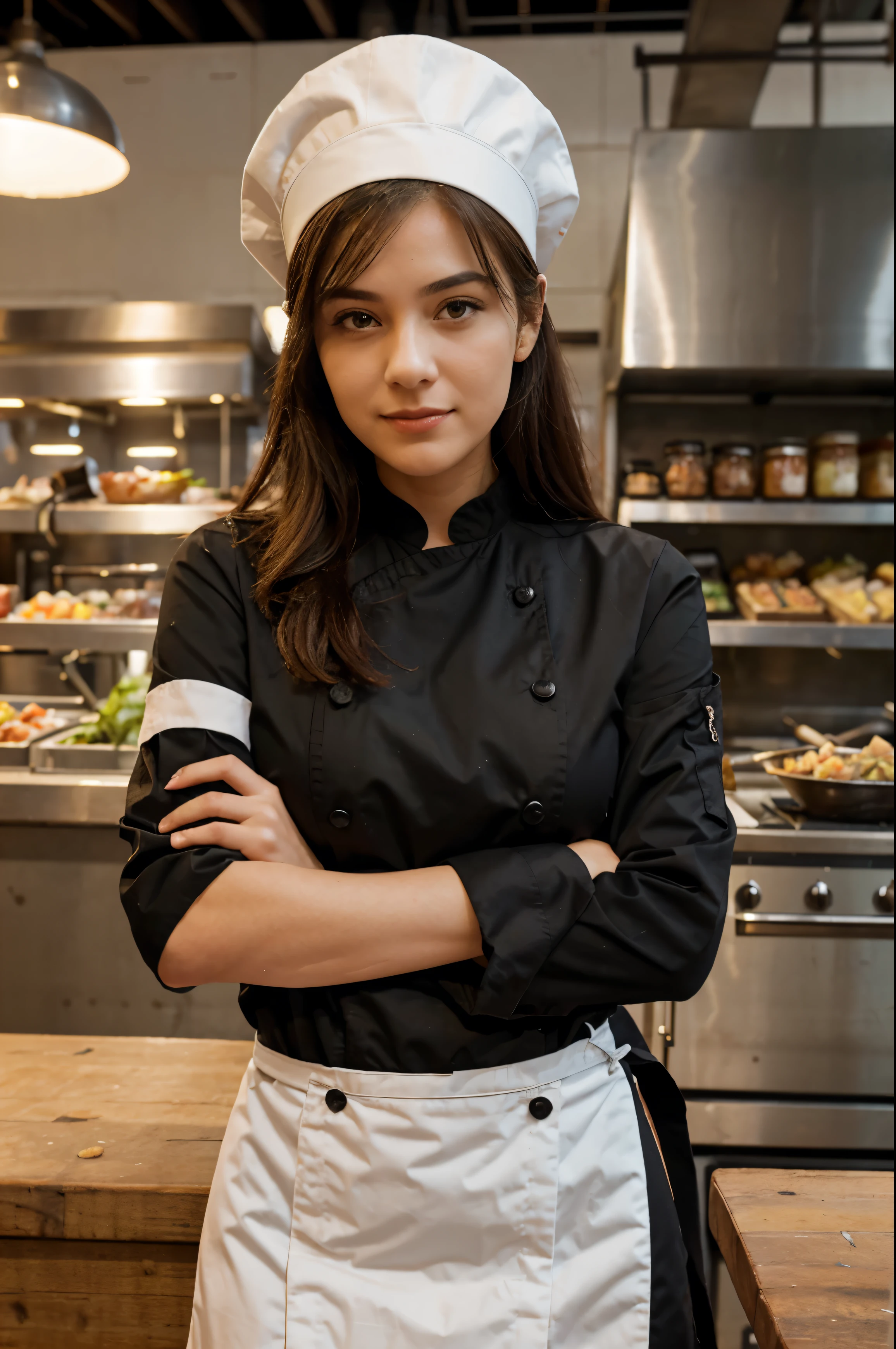 Place her in a bustling food market or gourmet restaurant, surrounded by tantalizing aromas and delicious cuisine. She wears chef-inspired fashion, she wares a chef dress and cap on her head, exploring culinary delights and sharing her passion for food with her audience.