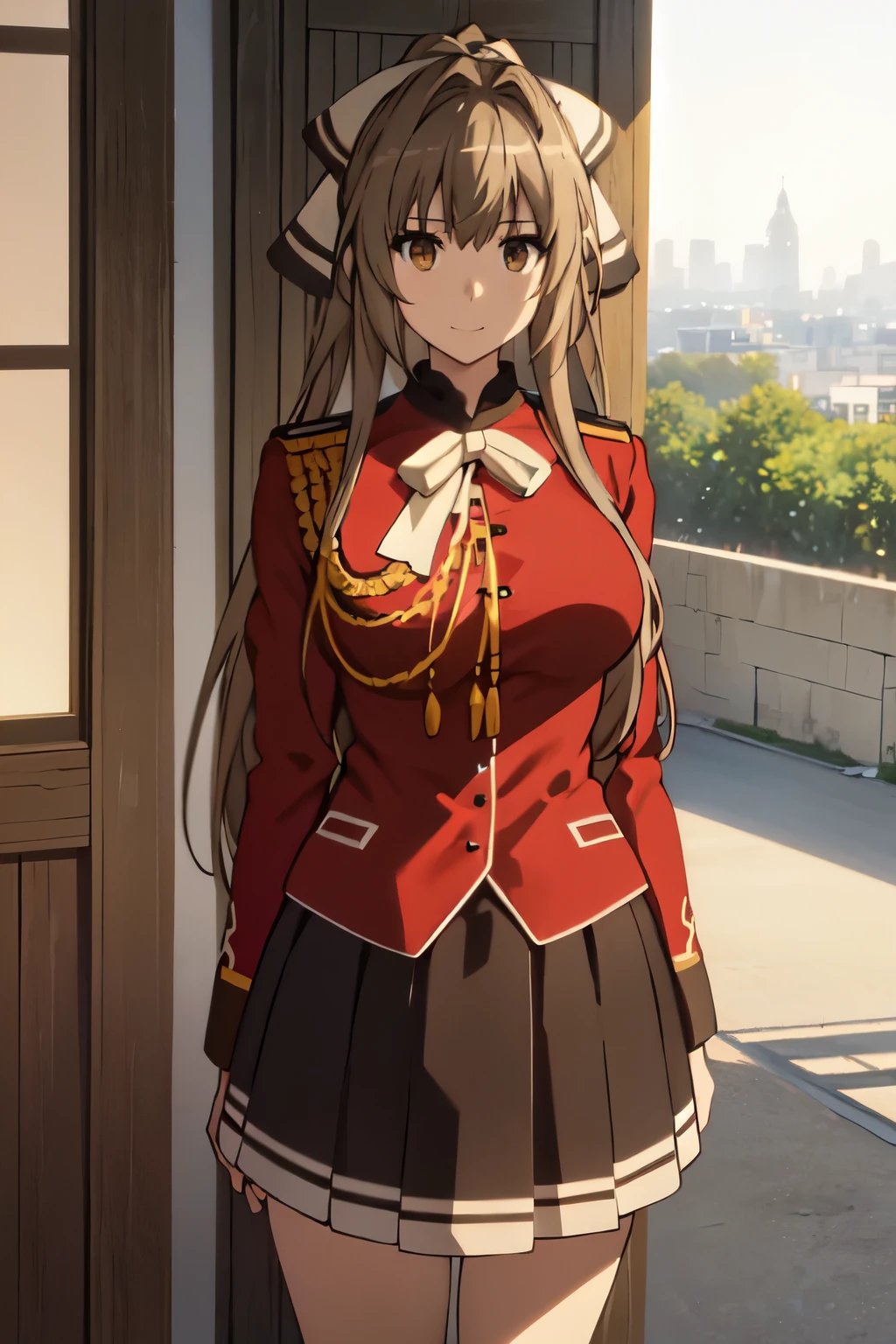 anime,best quality、masterpiece、detailed、 、Isuzu Sento、 solo、closed mouth、light smile、 brown hair、brown eyes、long hair、antenna hair、ponytail、hair ribbon、 sento uniform、red jacket、epaulettes、white ribbon、black skirt、white stockings、 look at viewer、 outdoors