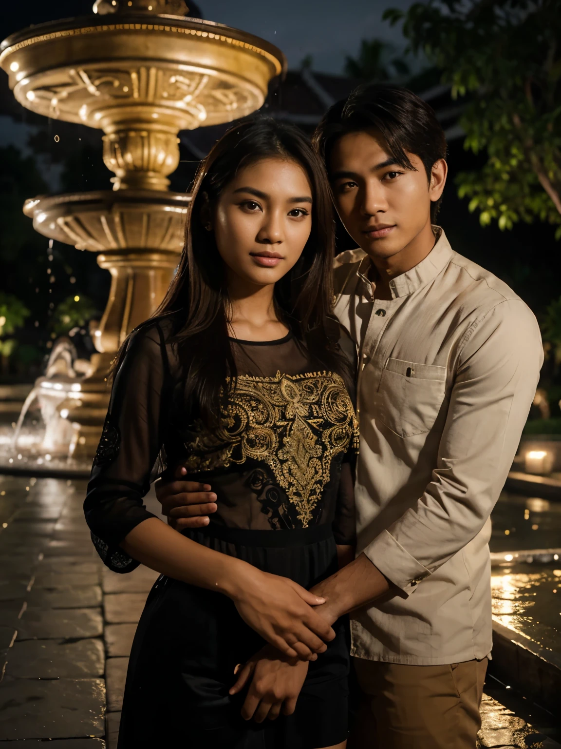 photo of a young couple from Indonesia in formal clothes taking a photo together at a party at night. photography, super detailed, realistic, ultra HD, 8K Resolution, facial details.