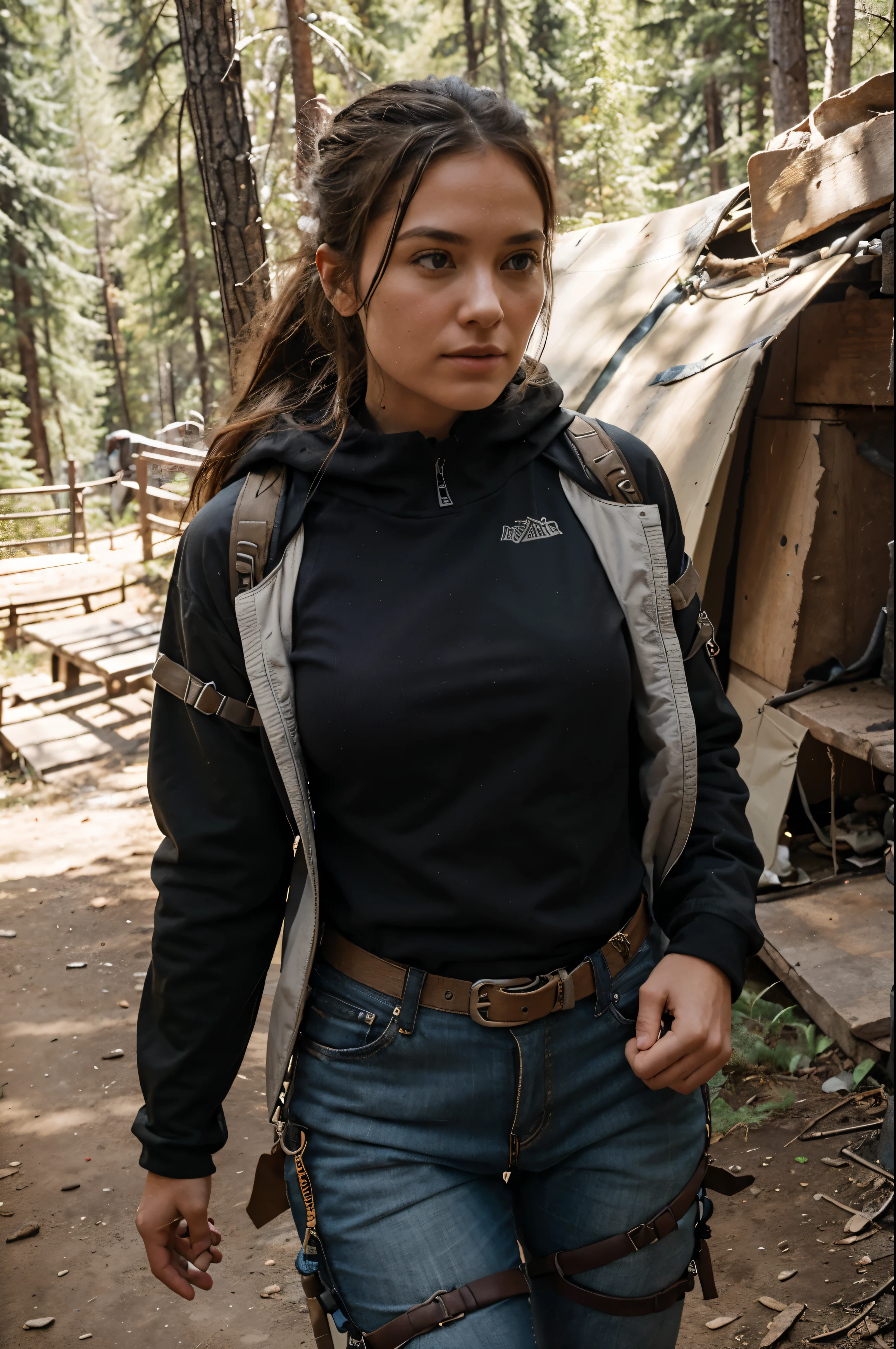 Show her in the great outdoors, embarking on an adrenaline-fueled adventure like hiking, rock climbing, or zip-lining. She's dressed in rugged yet stylish outdoor gear, embracing the thrill of exploration and pushing her limits.