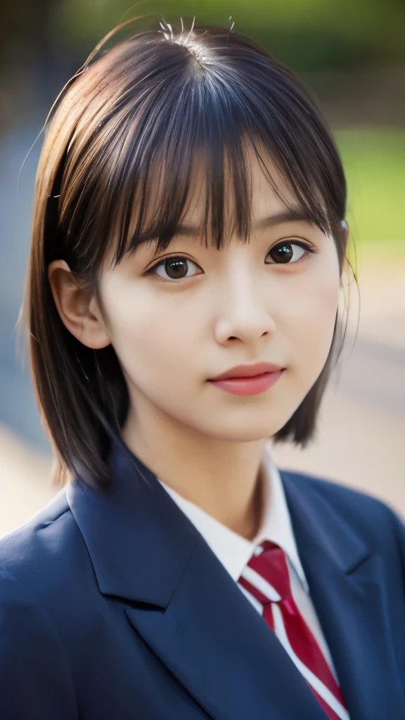 (In 8K、RAW photo、highest quality、realistic、Photoreal, look at the viewer, light shines on your face, gray background), 18, female, Japanese, shoulder-length straight black hair, oval face, thin eyebrows, almond-shaped eyes, medium-sized nose, small mouth, light make-up, wearing a school uniform, white blouse, navy blue blazer, red ribbon tie, realistic, high-quality, waist-up, illumination on face, not perfect