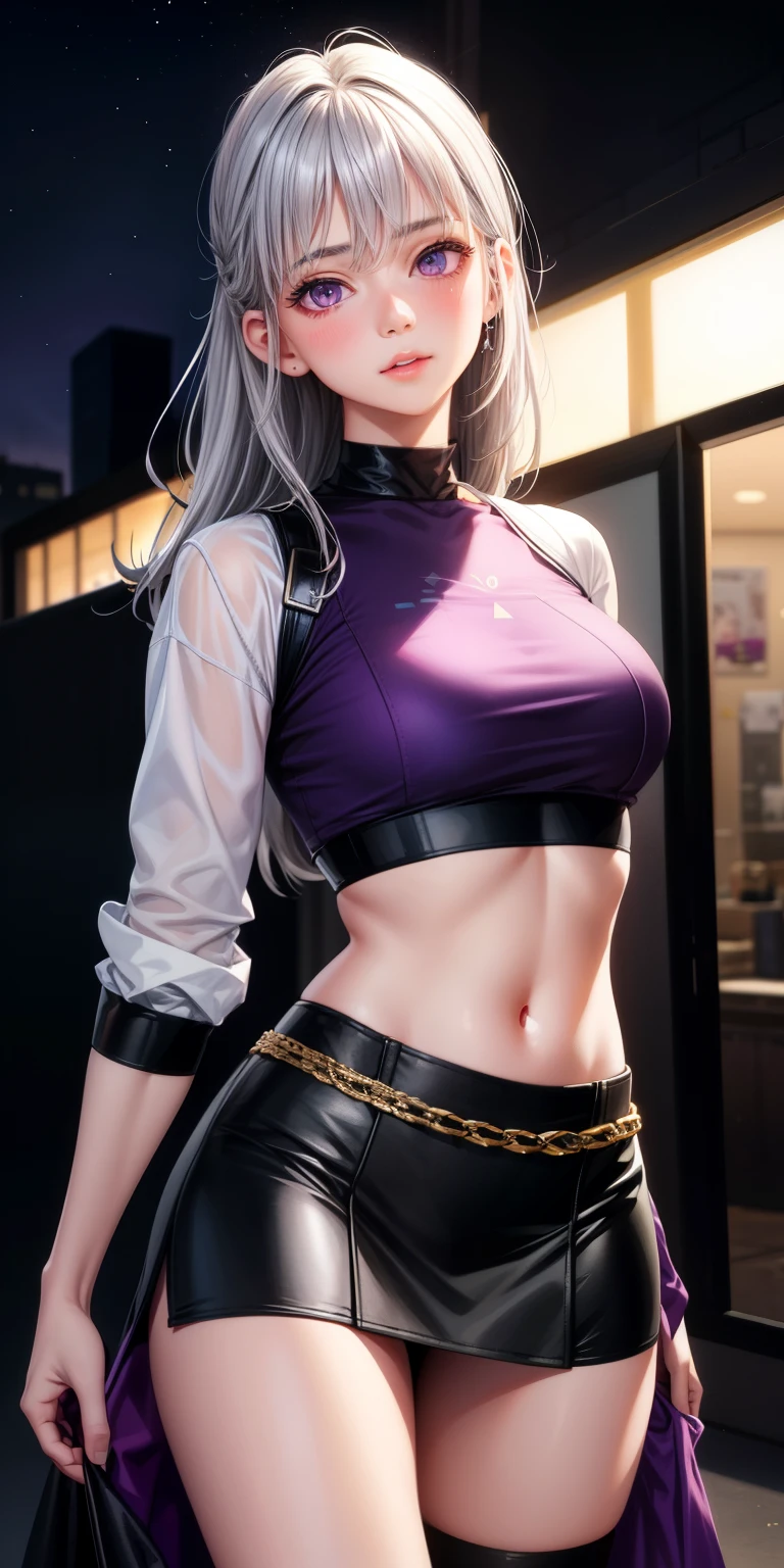 realistic, 1 girl, gray hair, purple eyes, shining eyes, crop top, skirt, parted lips, blush, night, masturbation