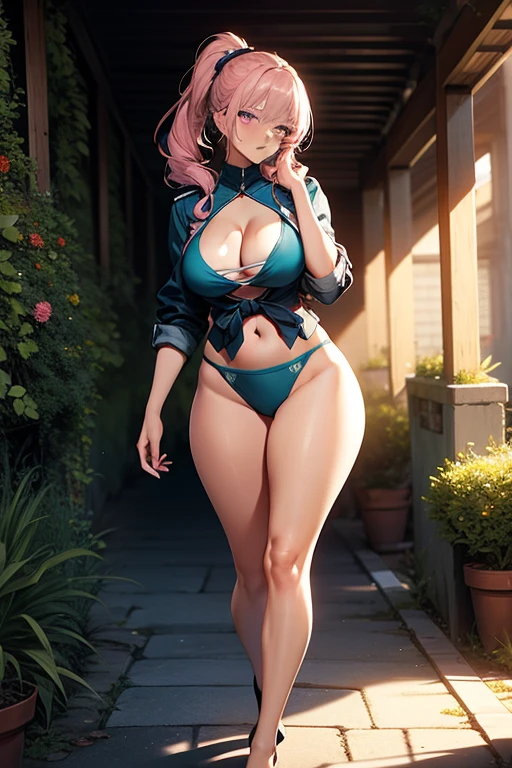 In the heart of a serene garden, bathed in the gentle light of an 8K, high-definition RAW image, a woman with pink hair wearing a vintage nurse uniform, reminiscent of Florence Nightingale in the realm of Fate, takes a moment to rest. Her long ponytail, tied neatly in a braid, cascades down her back, and her full body is rendered in stunning detail by Octane, a testament to true realism and high quality.
Her Venus body, true to life and in all its glory, is adorned only with a micro bikini, revealing her curvaceous yet slender physique. Her skin, glistening
