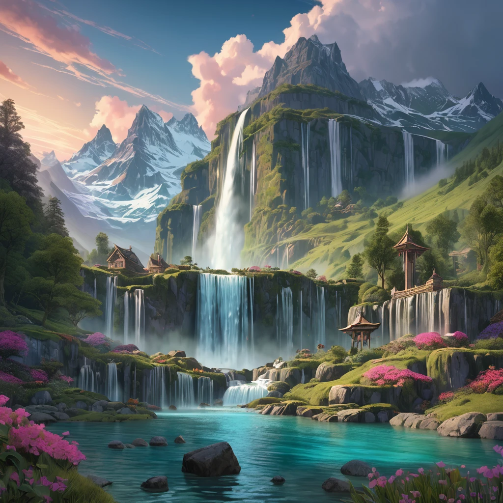 Waterfall, aesthetic, Waterfall and mountains, Epic cinematic brilliant stunning intricate meticulously detailed dramatic atmospheric maximalist digital matte painting, landscape