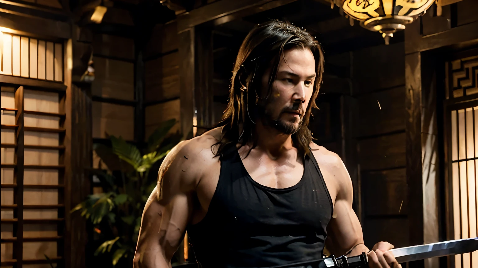 (action scene) a action american film close shot scene of a muscular young long hair ( Keanu Reeves hairstyle ) wearing a black tank top on a swordman pose, sword being holded by both arms, indoor chinese house background, action film atmosphere, night cinematic lighting, detailed lighting, close perspective camera style, detailed hair