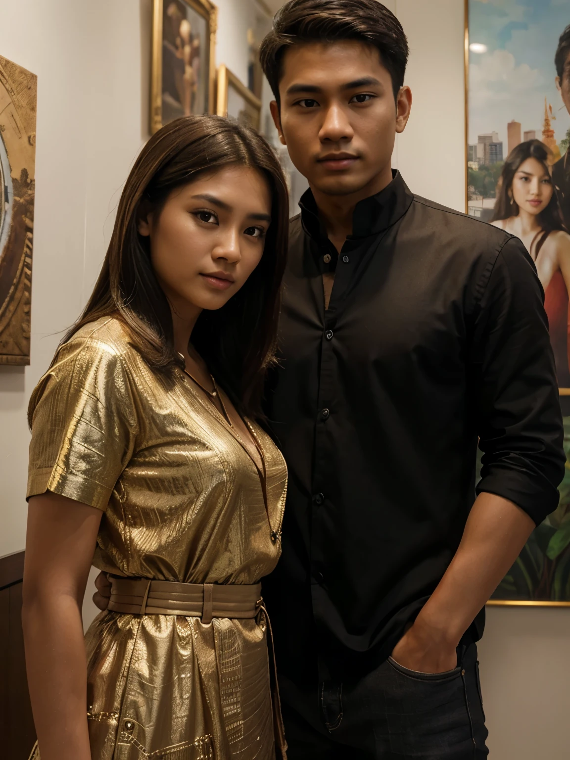 A young handsome Indonesian man is taking a photo together with a beautiful 22 year old brown haired Indonesian woman posing in front of a painting inside the building, best quality, realistic, photorealistic, (intricate detail: 1.2), (fine detail), (cinematic light) , clear lines, sharp focus, realistic face, detailed face, unity 8k wallpaper, very high resolution, (photorealistic: 1.4), He is looking at the viewer