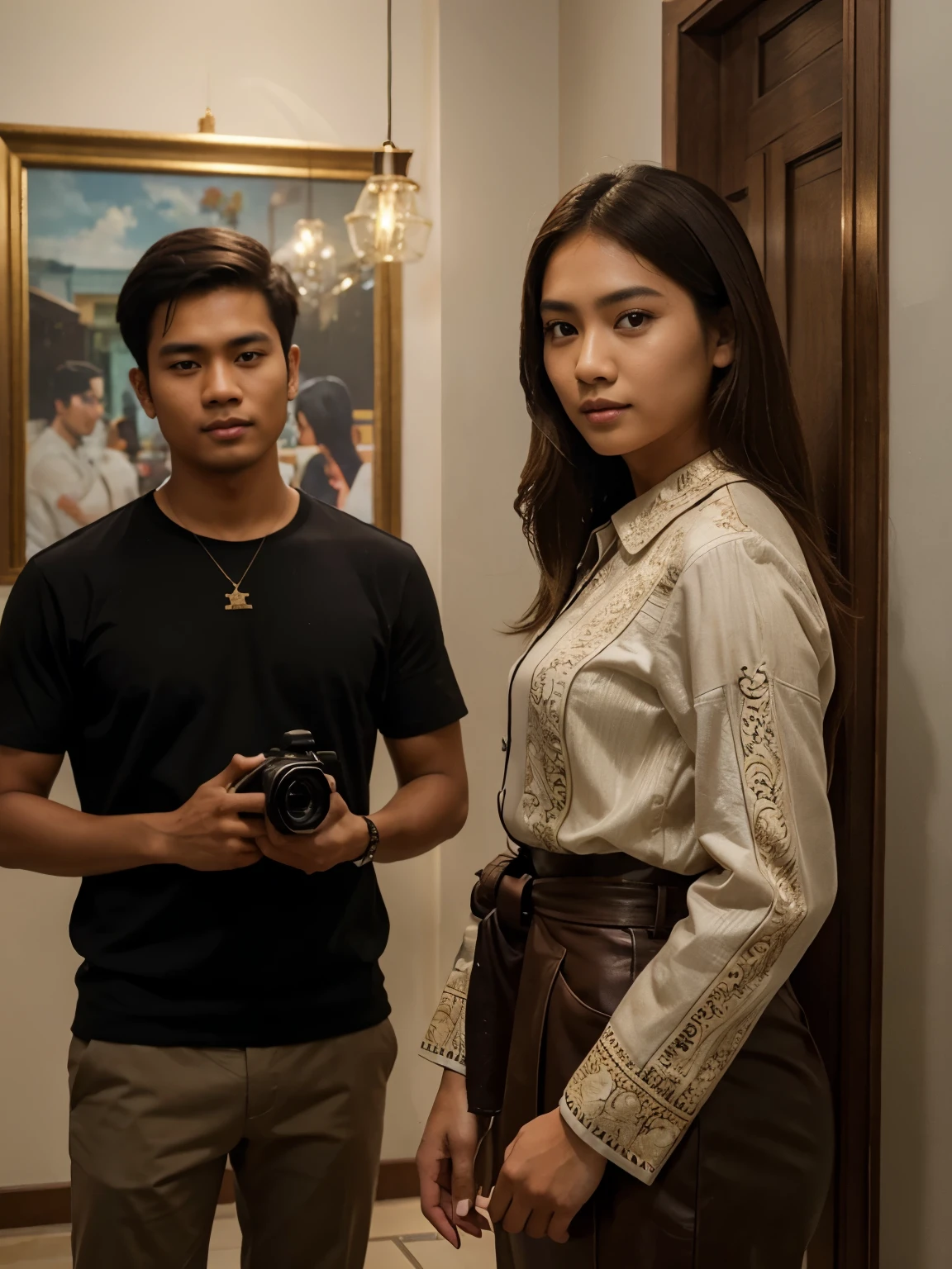 A young handsome Indonesian man is taking a photo together with a beautiful 22 year old brown haired Indonesian woman posing in front of a painting inside the building, best quality, realistic, photorealistic, (intricate detail: 1.2), (fine detail), (cinematic light) , clear lines, sharp focus, realistic face, detailed face, unity 8k wallpaper, very high resolution, (photorealistic: 1.4), He is looking at the viewer