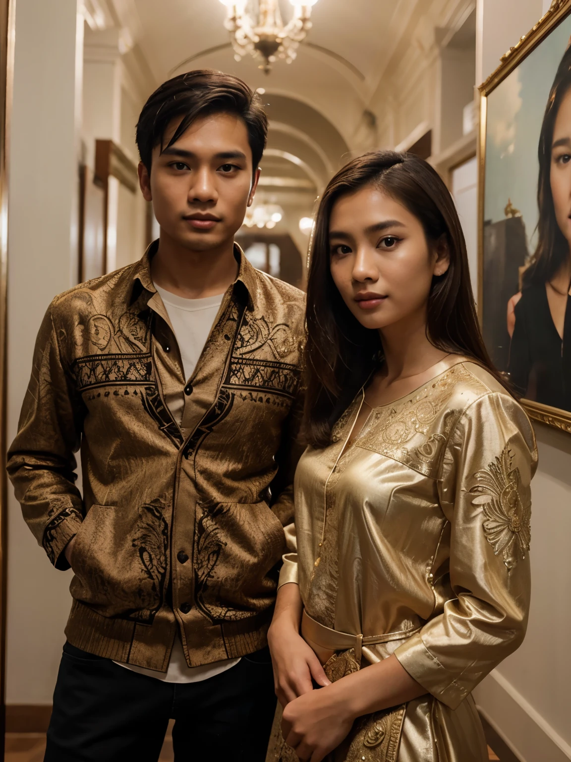A young handsome Indonesian man is taking a photo together with a beautiful 22 year old brown haired Indonesian woman posing in front of a painting inside the building, best quality, realistic, photorealistic, (intricate detail: 1.2), (fine detail), (cinematic light) , clear lines, sharp focus, realistic face, detailed face, unity 8k wallpaper, very high resolution, (photorealistic: 1.4), He is looking at the viewer