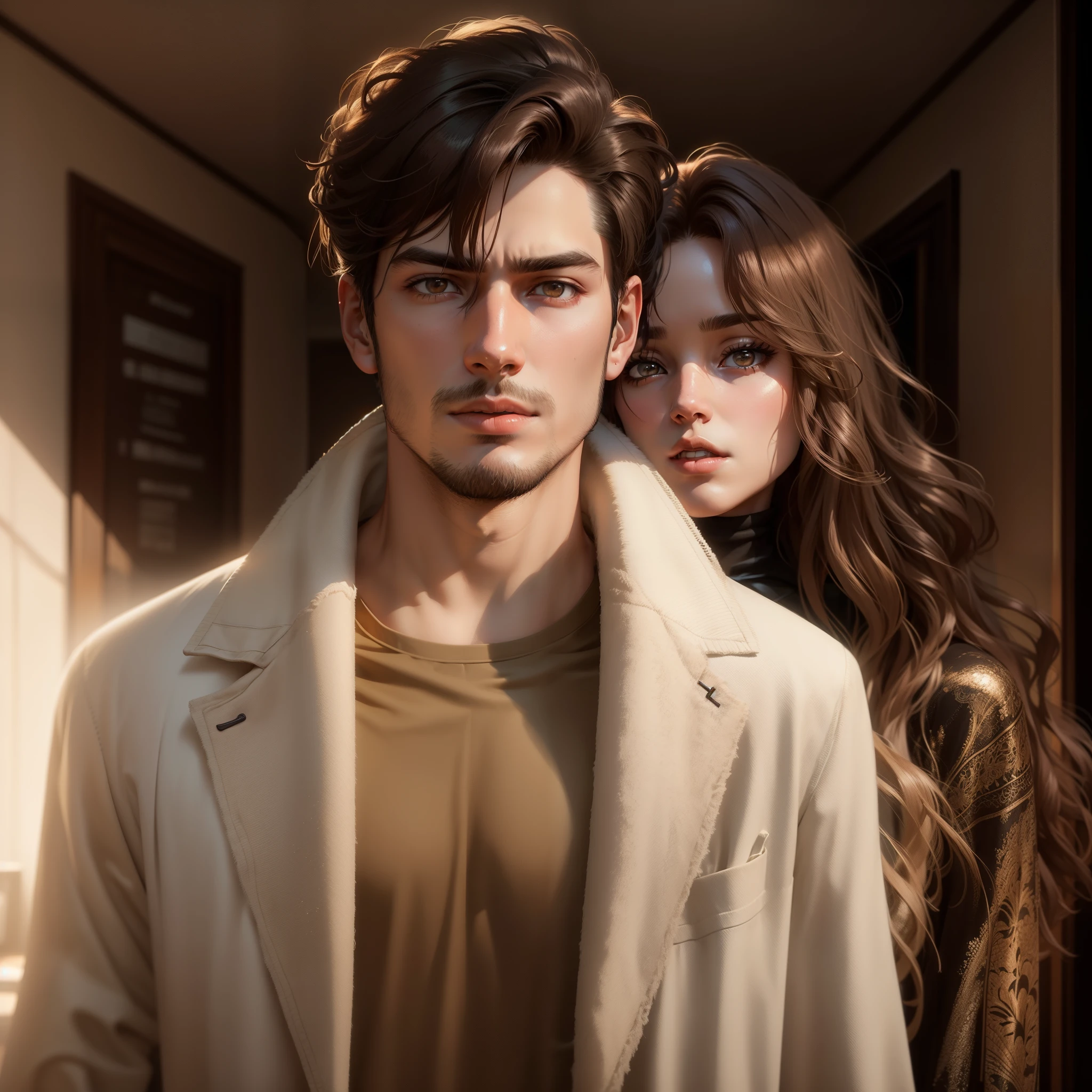 a 23 years old man wearing brown long coat and white t-shirt ,short hairs hairstyle , standing with beautiful girlfriend having ((dark brown hairs)) wearing afghan dress, unreal engine 5, octane renderer,