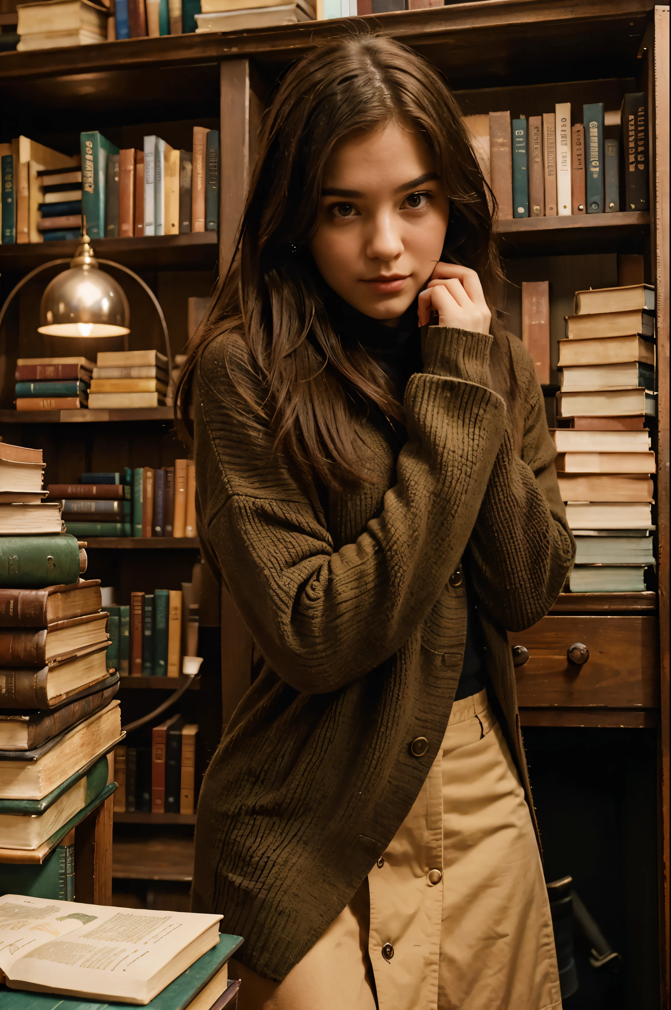 Capture her in a cozy bookstore or library, surrounded by stacks of books and literary treasures. She wears nerdy-chic fashion, indulging in her love for reading and sharing her favorite books with her followers.