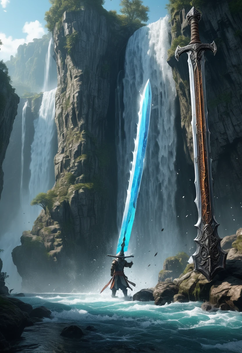 A huge sword cut the Waterfall, fantasy art, (best quality, masterpiece, Representative work, official art, Professional, Ultra intricate detailed, 8k:1.3)