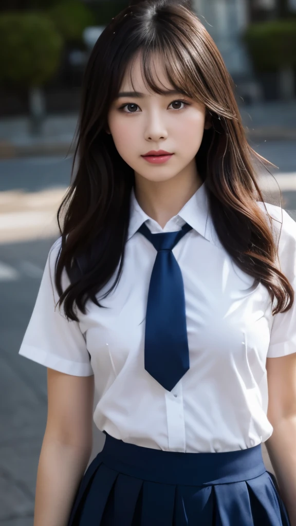 (In 8K、RAW photo、highest quality、realistic、Photoreal, look at the viewer, light shines on your face, gray background), 18, female, Japanese, shoulder-length straight black hair, oval face, thin eyebrows, almond-shaped eyes, medium-sized nose, small mouth, light make-up, wearing a school uniform, white blouse, navy blue blazer, red ribbon tie, realistic, high-quality, waist-up, illumination on face, not perfect