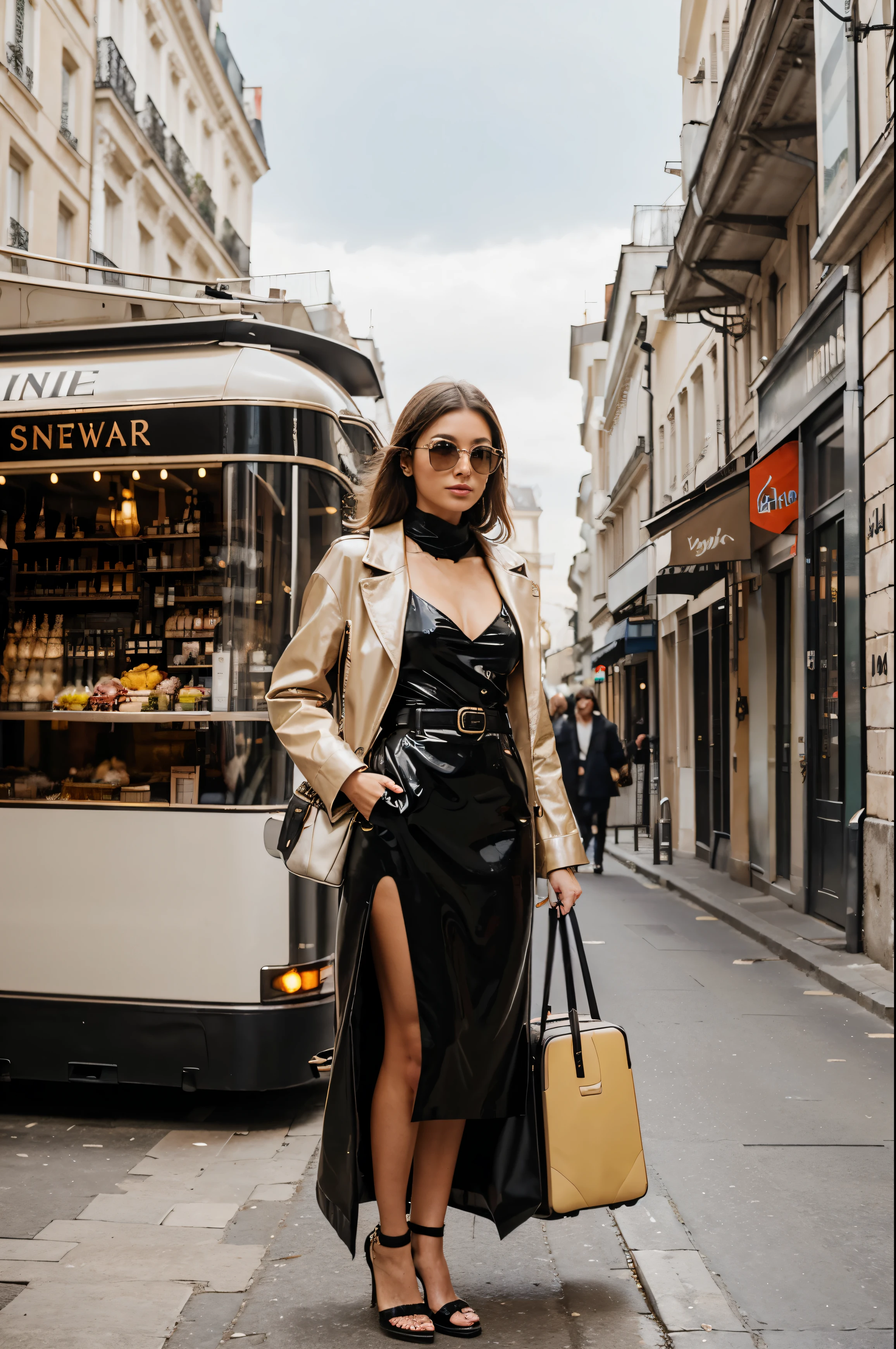 Transport her to a glamorous destination like Paris or Milan, exploring iconic landmarks and soaking in the local fashion scene. She's dressed in jet-setter fashion, blending luxury with practicality as she navigates the world in style.
