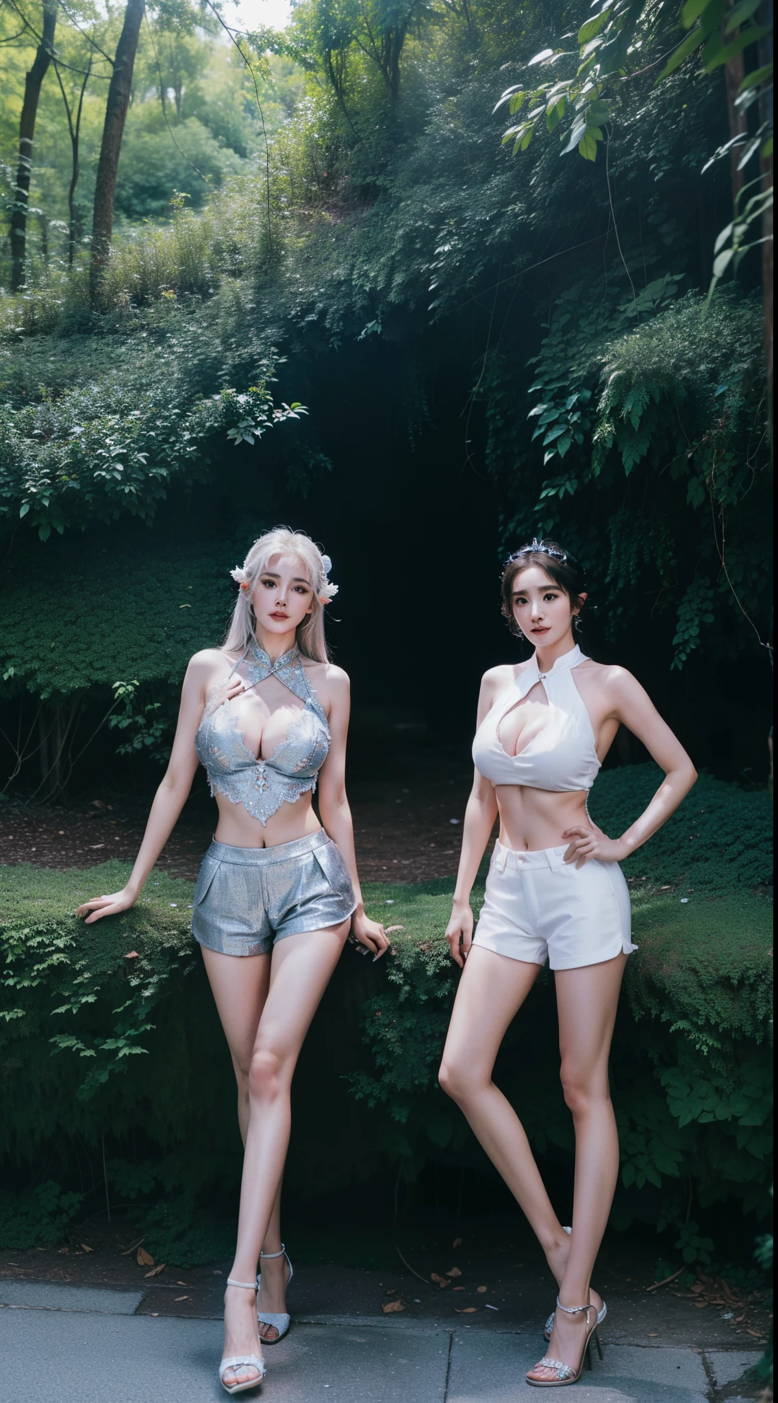 （（male and female couple：1.3）），(beautiful young woman，elf queen，delicate face，very long white hair，flowing hair，Sleeveless bodycon sweater，纤细的abdominal muscles，性感的透明lace短裙，lace，Sexy high heels，huge  ，huge cleavage，Exquisite makeup，standing，正在standing)，（man wearing shorts、Muscular males、abdominal muscles），two people standing side by side，real background，in the forest，Dense forest，best lighting，Light