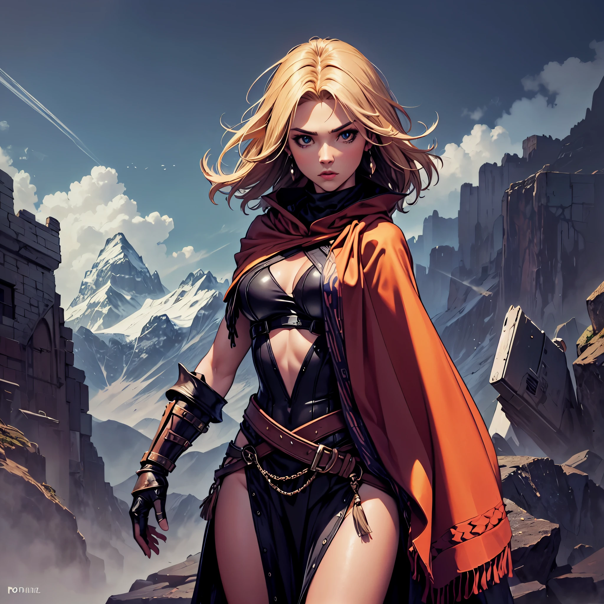 Masterpiece, highly detailed, epic shot BREAK Hot blonde woman, European Sweden, age 20, very beautiful BREAK elegant small breasts, desaturated armour of chainmail and leather stripes, (wearing a poncho:1.8) BREAK warrior, fit, lithe, curious, looking around BREAK medieval fantasy setting, mountains