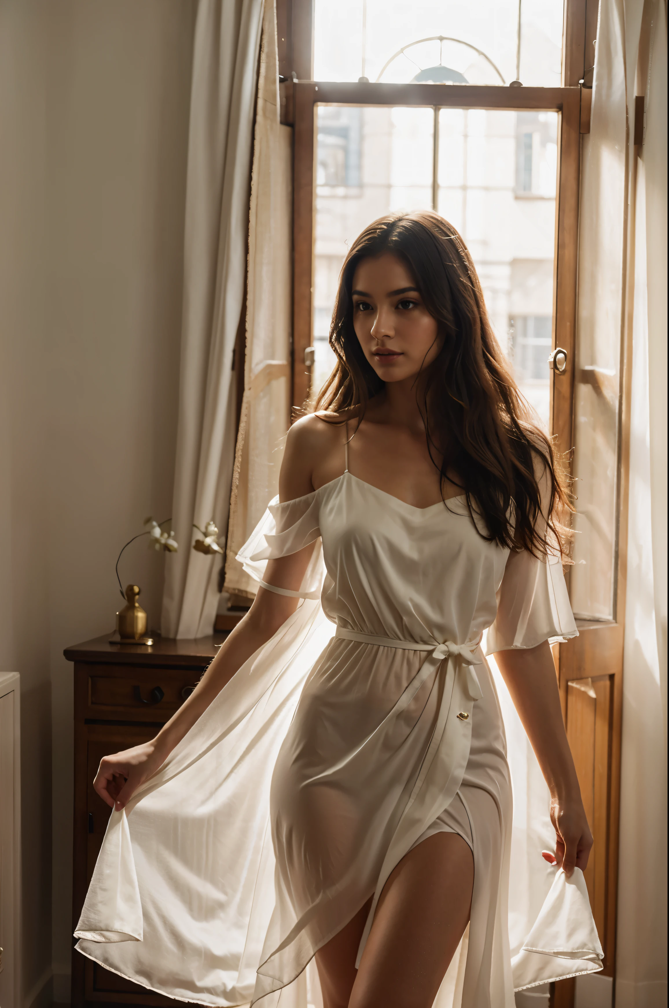 Capture the influencer in a hyper-realistic image, bathed in soft natural light filtering through sheer curtains. The focus is on her delicate features and graceful posture as she poses in a flowing gown, creating a dreamlike atmosphere. This high-quality portrait exudes timeless beauty and sophistication