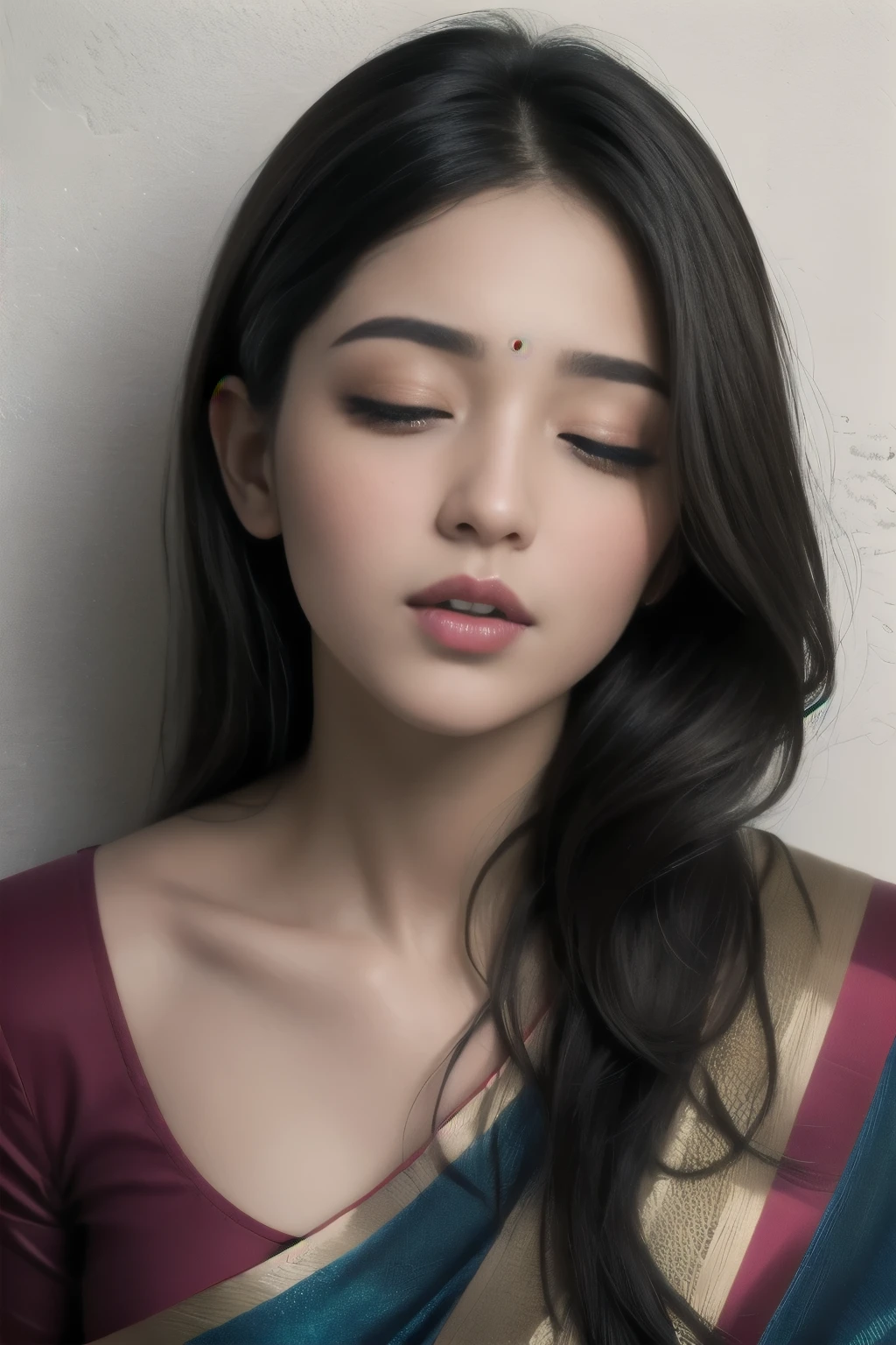 sexy woman, intense gaze, seductive expression, flawless complexion, mesmerizing eyes, luscious lips [sexy, attractive], voluminous hair, neatly styled, flowing locks [60:1.1/40:0.9], sultry attire, blue saree [sexy, eye-catching, vibrant], low-waist saree [figure-hugging, revealing], skin-tight blouse [revealing], detailed embroidery, pinned against the wall, intimate setting [passionate, romantic], soft lighting, shadows and highlights [atmospheric, dramatic], blush on cheeks [rosy, flushed], intense eyeliner [bold, exaggerated], bold lashes [long, voluminous], seductive lipstick [deep red, glossy], anticipation of a kiss, passionate atmosphere [intimacy, desire]. (best quality, highres, ultra-detailed, realistic:1.37), attractive woman, seductive pose, alluring expression, sexy saree, captivating gaze, intense blush, glamorous hair, pinned against wall, ready to kiss.