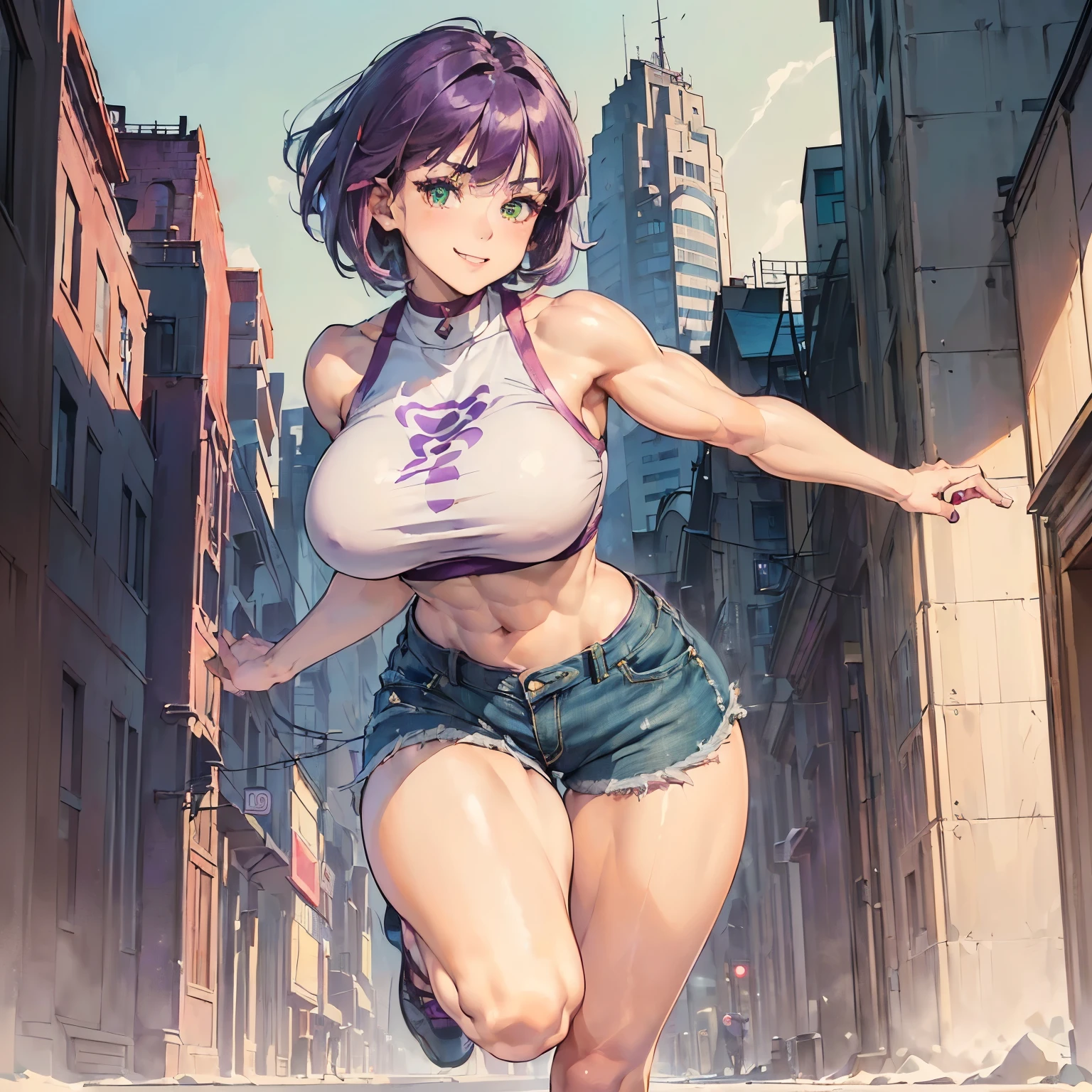 (((1girl, uyltr resolution, ultra-sharp, 8K, artwork, 25yo))), ((purple hair, very short hair, dark green eyes)), ((big breasts, strong arms ,muscular arms, muscular legs,strong legs, strong body, muscular female, Clear Skin)), wearing a jeans shorts,wearing white micro top ,smiling, posing to picture, ((big city background))