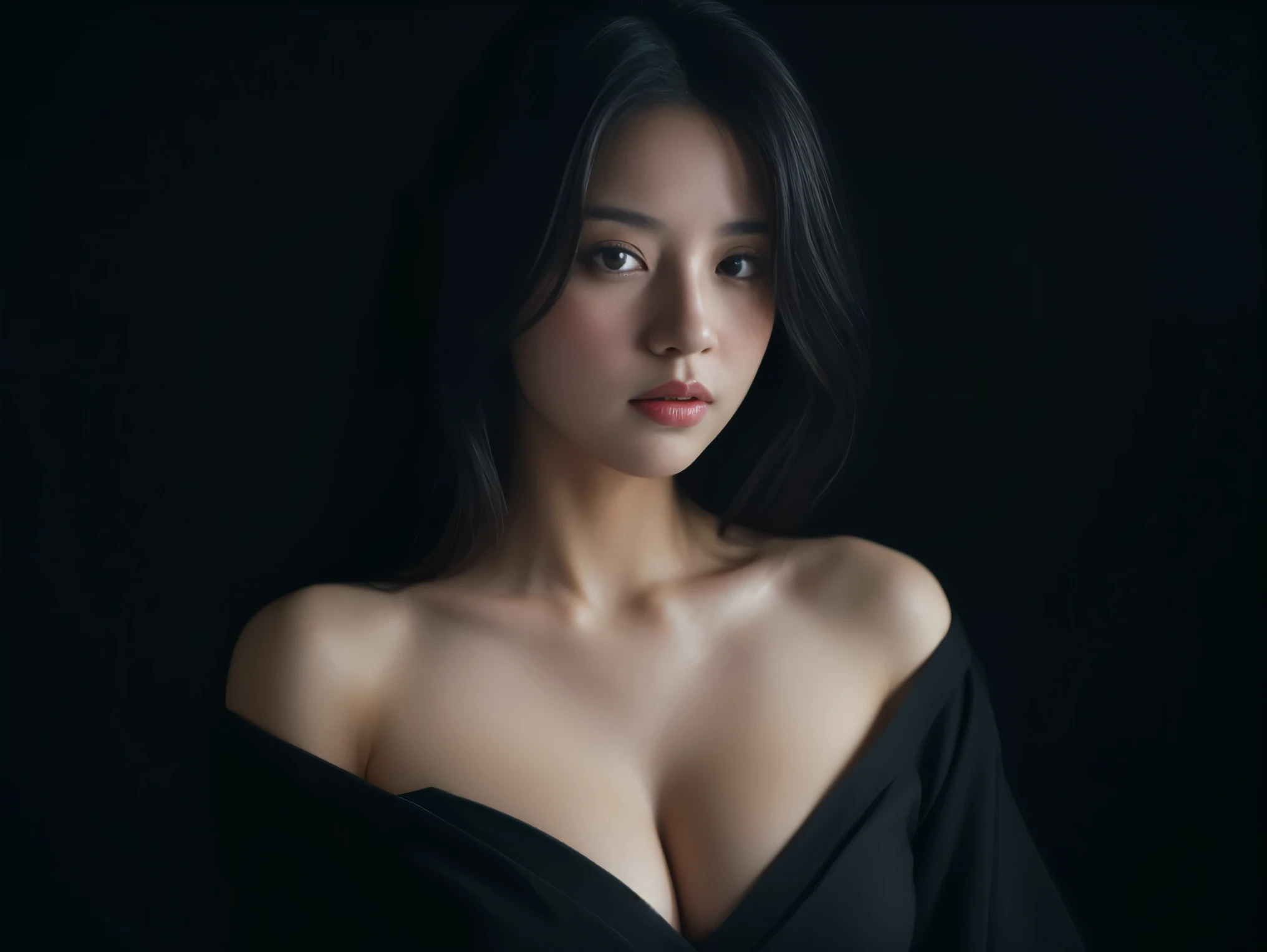 ((Best quality, 8k, Masterpiece :1.3)), Image of a geisha. Like the hair of a Japanese geisha, Long black hair:1.3. Beautiful geisha in kimono, (black kimono). Big breasts:1.3. close up cleavage. ((Bare shoulders _depth of field)), atmospheric perspective, Volumetric lighting, Clear focus, absurd resolution, Realistic proportions, Good anatomy, (realistic,Hyper-realistic:1.37), 16K HD, INFO. ((dark background)), black background. Ultra-Wide Angle.