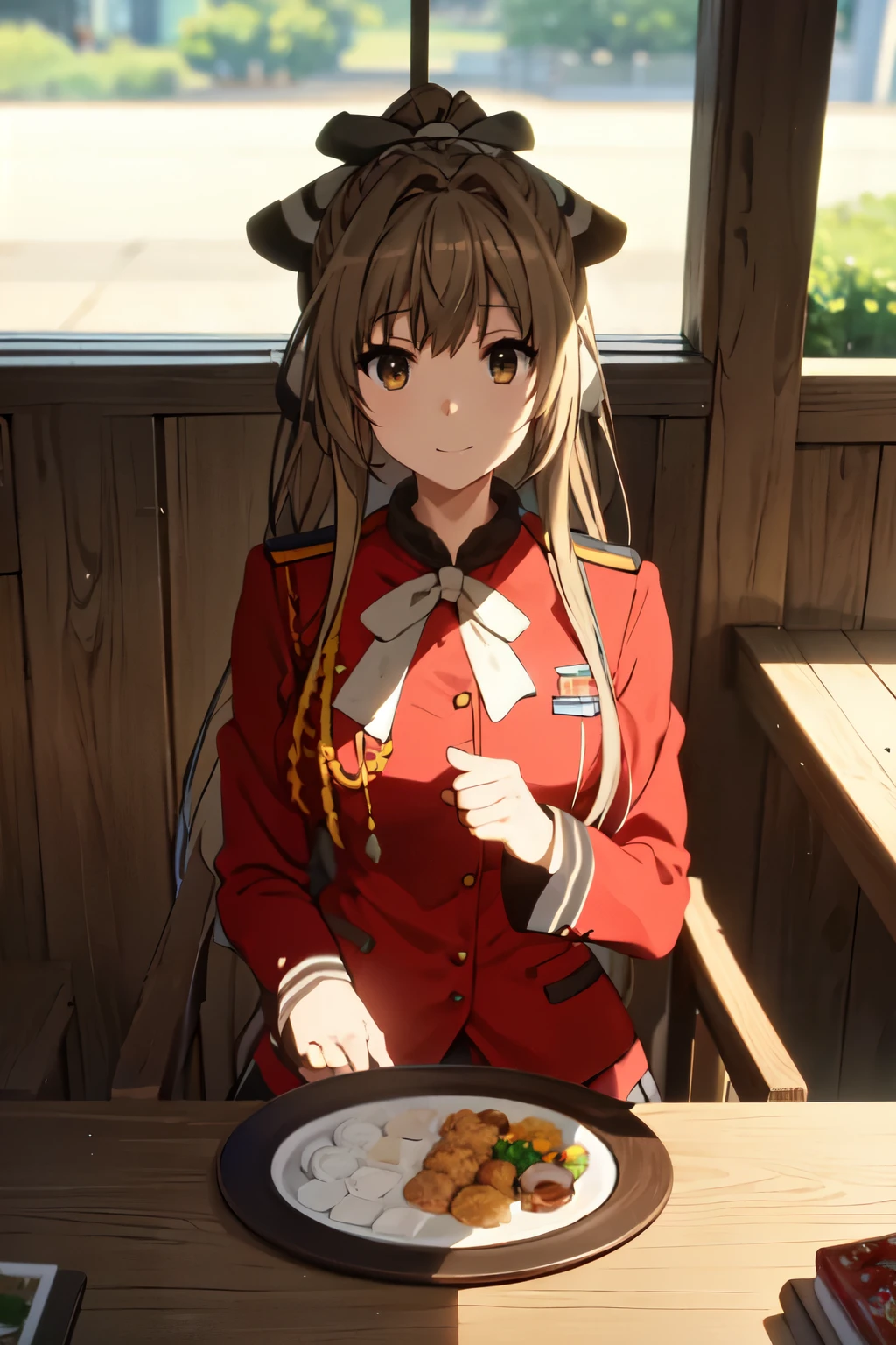 anime、best quality、masterpiece、detailed、detailed目 、sparkle in the eyes、Isuzu Sento、 solo、closed mouth、light smile、 brown hair、brown eyes、long hair、antenna hair、ponytail、hair ribbon、 sento uniform、red jacket、epaulettes、white ribbon、black skirt、white stockings、 Look at the viewer、 outdoors