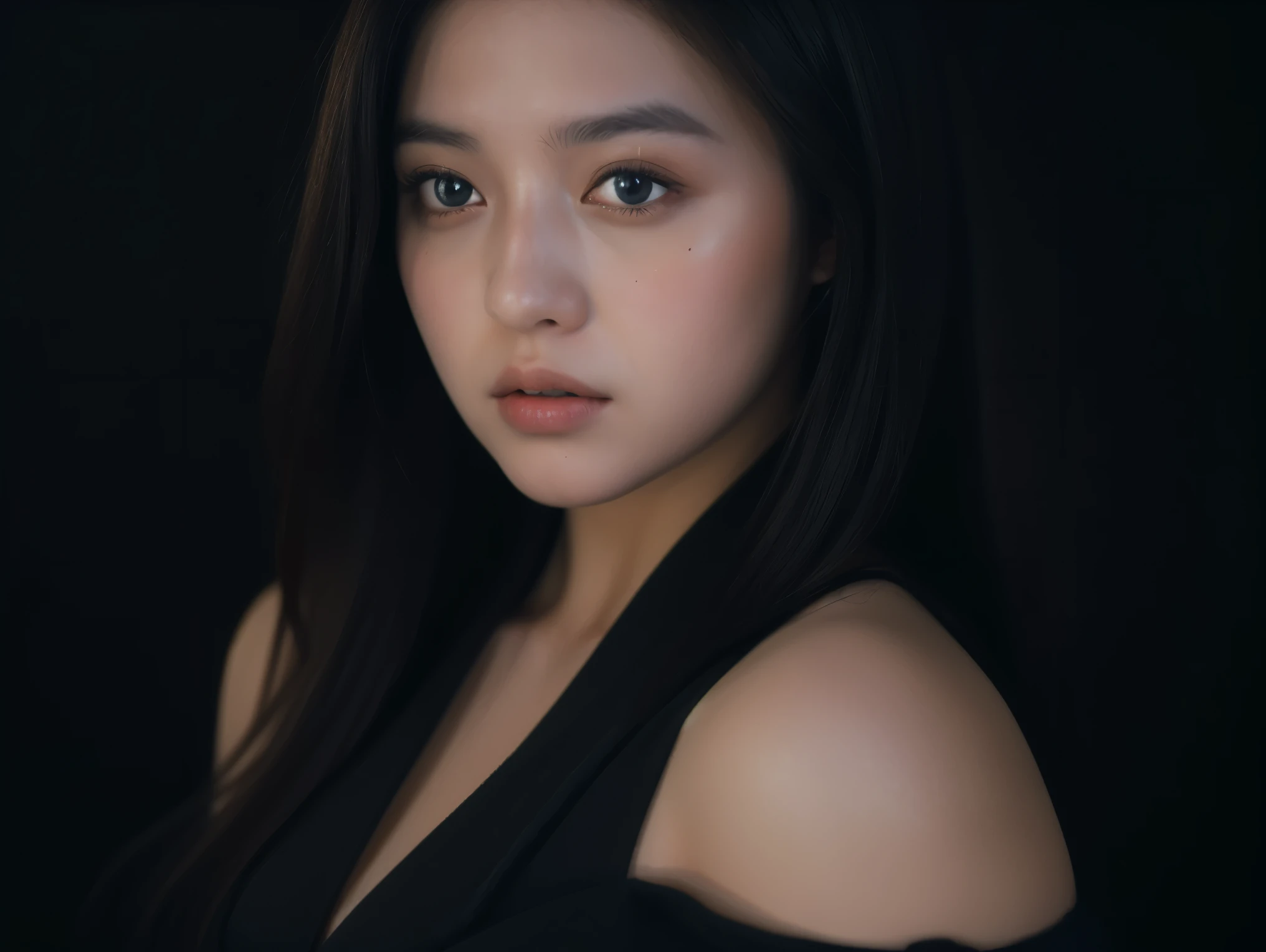 ((Best quality, 8k, Masterpiece :1.3)), Image of a geisha. 1girl. Like the hair of a Japanese geisha, Long black hair:1.3. Beautiful geisha in kimono, (black kimono). Big breasts:1.3. close up cleavage. ((Bare shoulders _depth of field)), atmospheric perspective, Volumetric lighting, Clear focus, absurd resolution, Realistic proportions, Good anatomy, (realistic,Hyper-realistic:1.37), 16K HD, INFO. ((dark background)), black background. ((Ultra-Wide Angle))