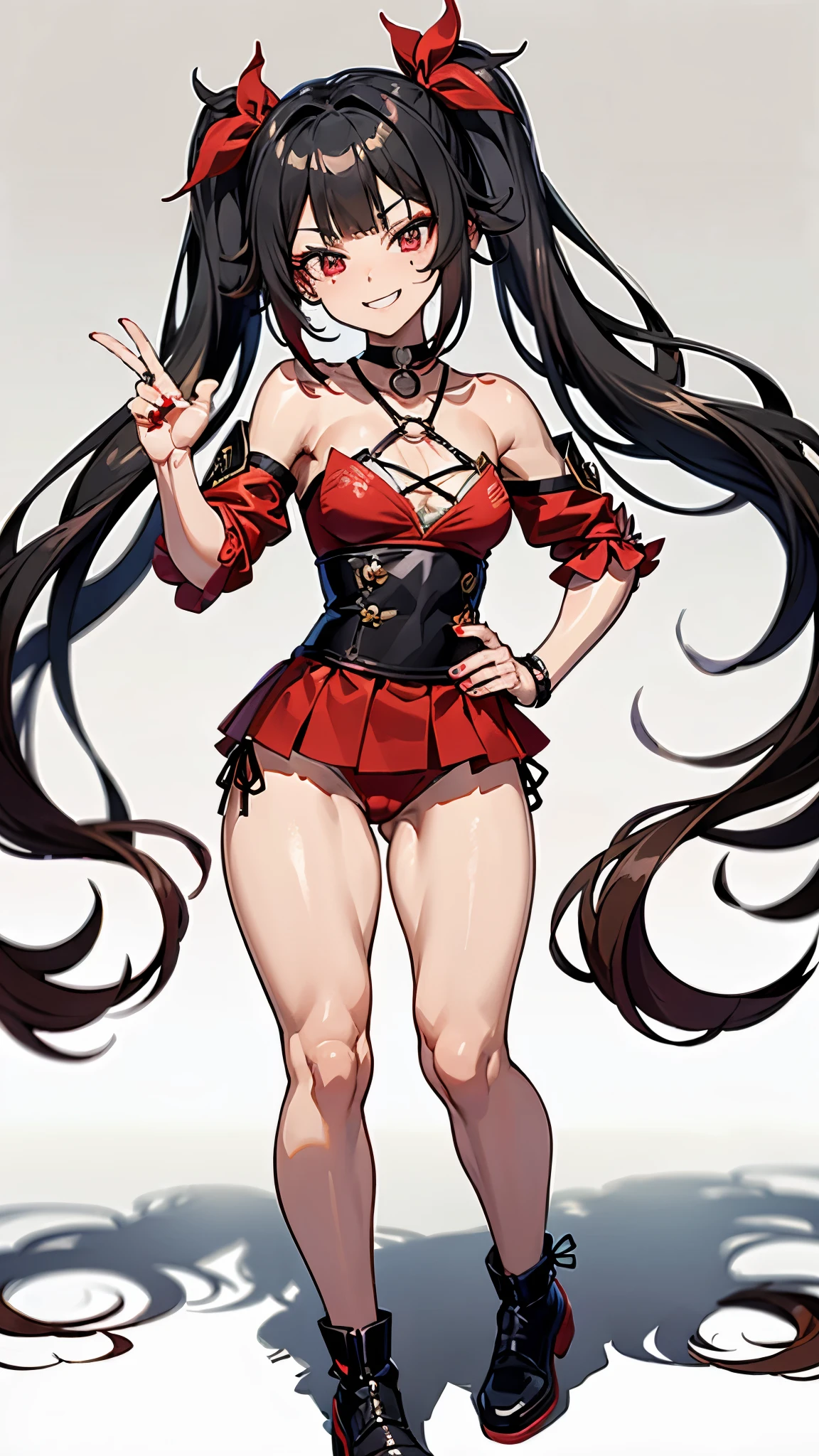 face: Art Style, Anime Style Color: Predominantly red with contrasts of black and white, Eye color: bright crimson red, with luminous reflections. Hair color Black with red highlights, HAIRSTYLE: Long with twintails, adorned with the traditional red and gold hair ornament, (((mischievous and playful smile with a touch of mischief))), muscular legs, sadistic, (((no motel room))), {{{standing giving me the middle finger}}}, (full body photo), manicured nails, red nails, (((wearing a very short and sexy bikini)))