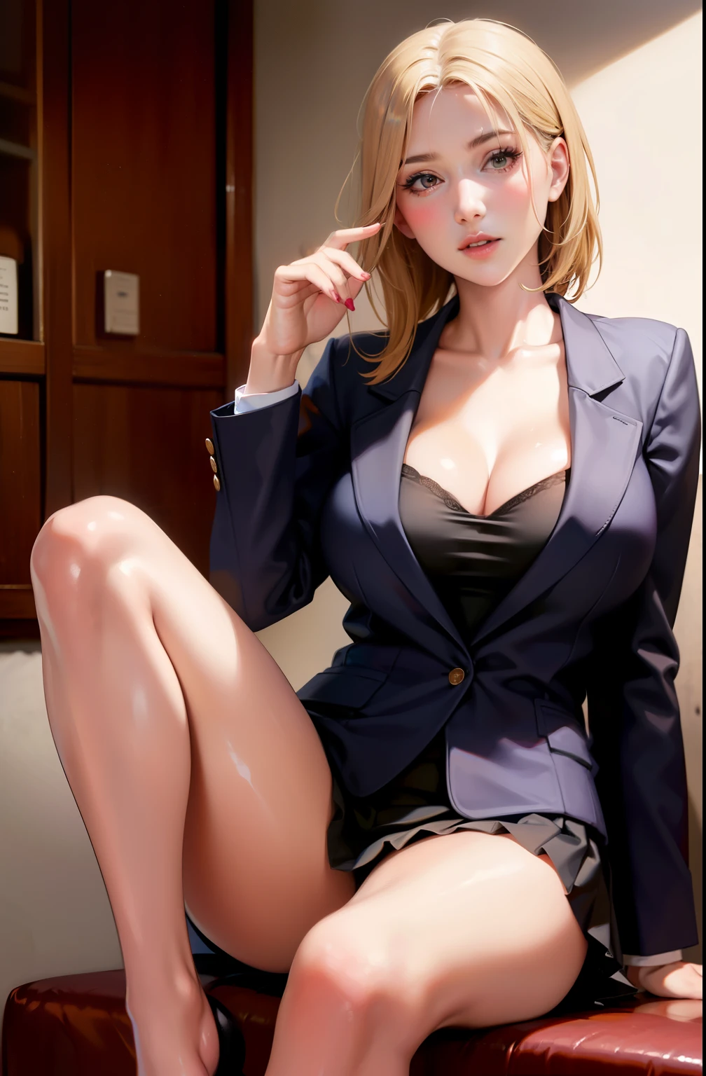 best quality, masterpiece, 1girl, Beautiful face, (photo realistic:1.3), rim lighting, (high detailed skin:1.2), 8k uhd, dslr, high quality, high resolution, 4k, 8k, Bokeh, absurdres, best ratio four finger and one thumb, (realistic:1.3), cute 1girl, wearing black formal blazer, medium breasts, short skirt,