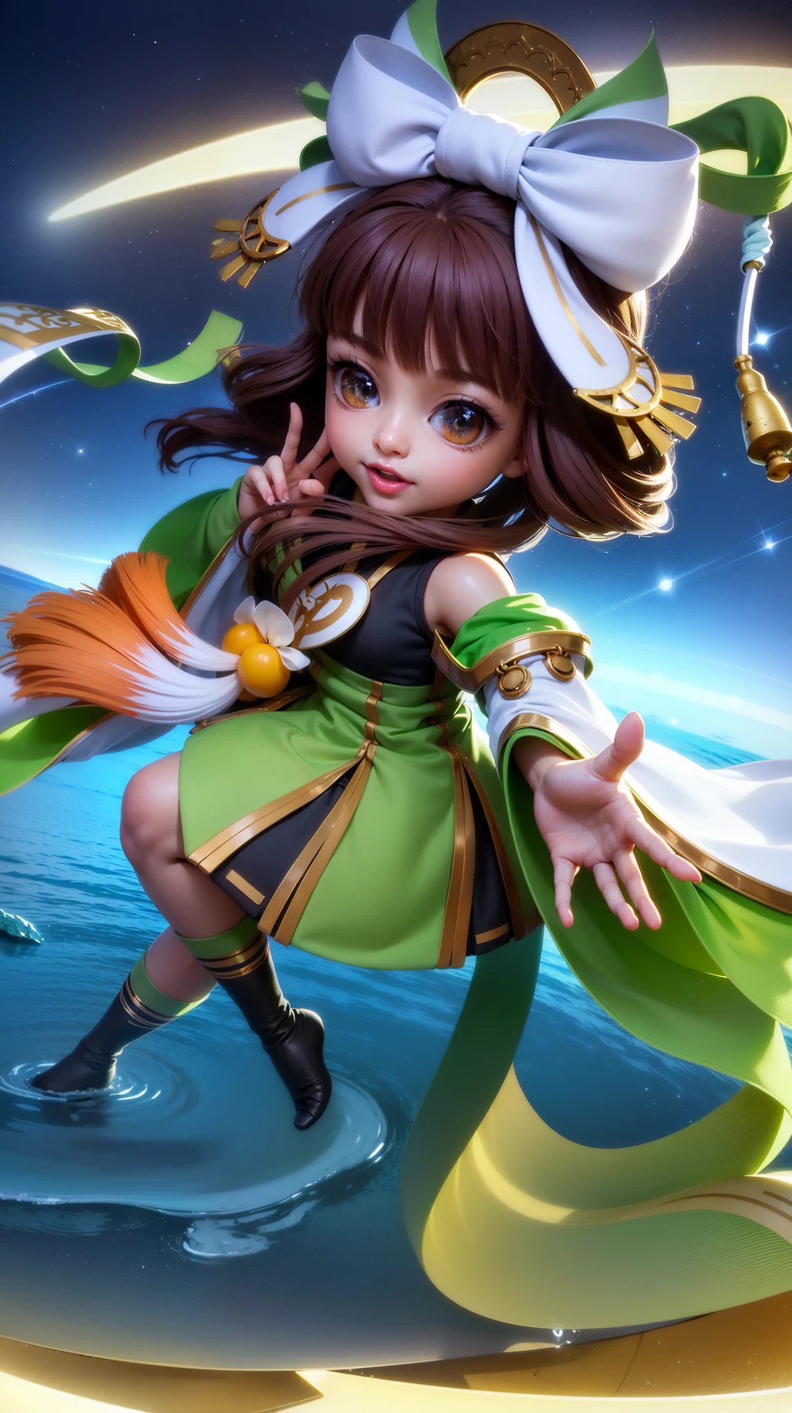 (8k, RAW photo, photorealistic:1.25) ,( lipgloss, eyelashes, gloss-face, glossy skin, best quality, ultra highres, depth of field, chromatic aberration, caustics, Broad lighting, natural shading, looking at viewer with a serene and goddess-like happiness, change from mobile legend game, black hair, red eyes, green ribbon, green kimono outfit, dynamic pose, outer space, relisem, 4k, hd, 1080p.