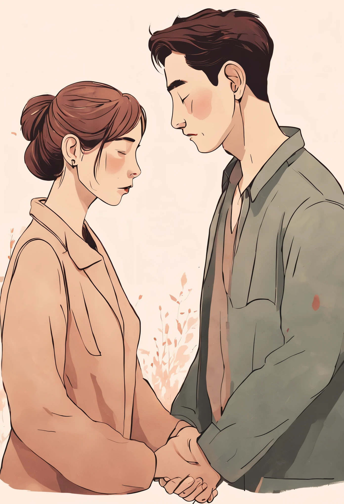 An emotional illustration of two people holding hands, showing vulnerability and empathy, with tears in their eyes, symbolizing a deep emotional connection, a soft and muted color palette to evoke intimacy, gentle lighting to enhance the emotional tone --v 5 --stylize 1000 --ar 16:9