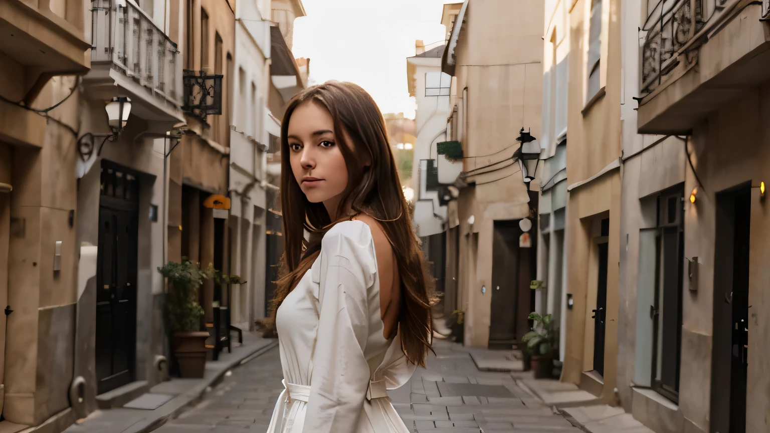 a young woman standing in a narrow street between buildings. She is dressed in a long-sleeved white dress, which is waisted and appears to be made of a light, fluid fabric. The woman has long brown hair that falls freely over her shoulders and is looking directly at the camera with a calm, neutral expression. Natural light suggests it could be early morning