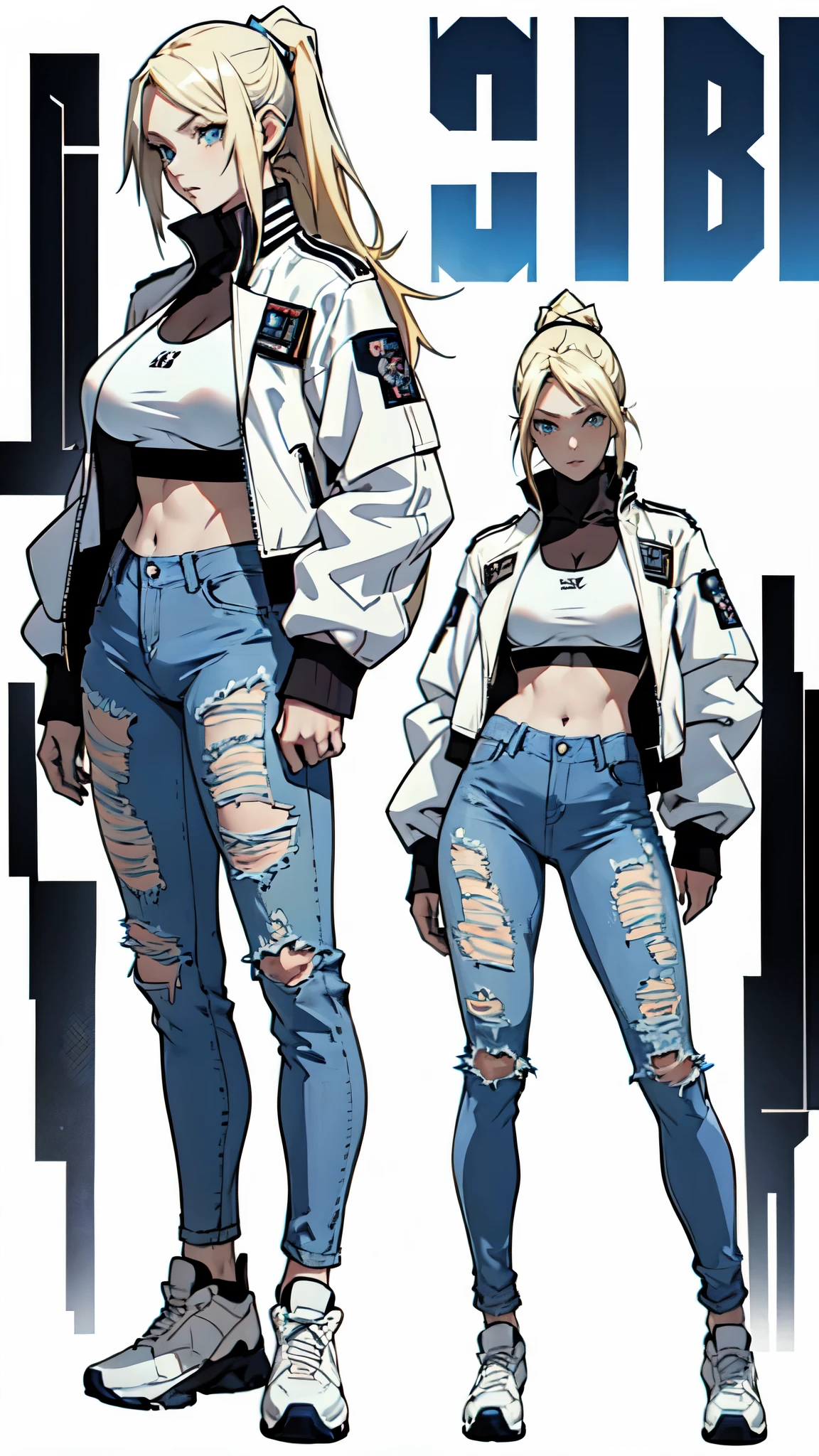 ((one girl)), full body shot of an anime girl with long thin light blonde hair tied in a ponytail facing the camera, fashion magazine model, anime character concept, character sheet, (((full body))), lips half open, (((pale skin))), blue eyes, (((wearing a white sports bra underneatha white cyberpunk leather jacket and tight blue jeans))), cyberpunk character concept, (((big breasts))), blonde anime girl with long hair, (((empty white background)))
