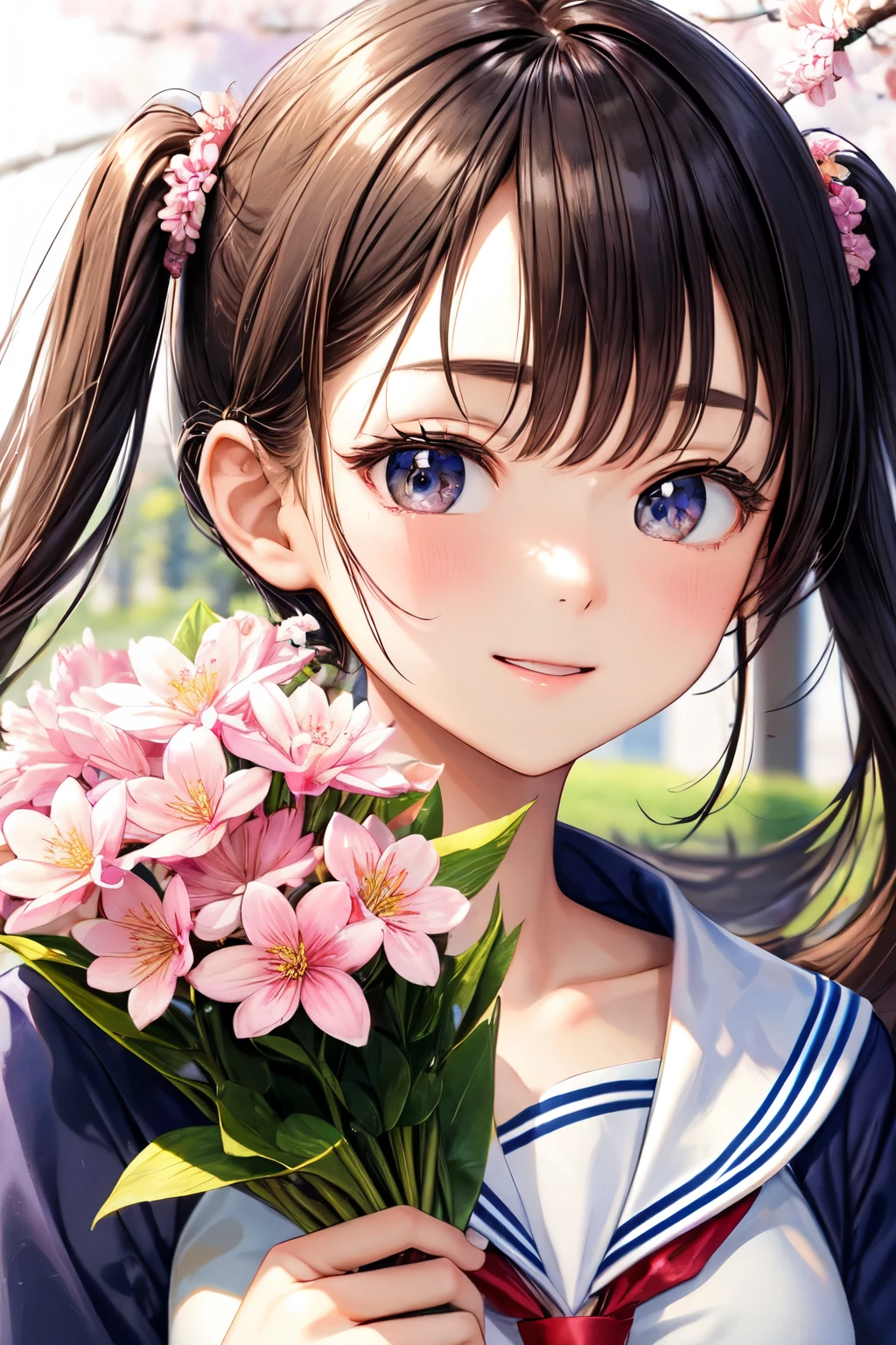 ((best quality)), ((masterpiece)), (detailed), perfect face,high school student、sailor suit、Congratulations on your graduation、It&#39;s a bouquet of flowers as a gift.、Cherry blossom trees