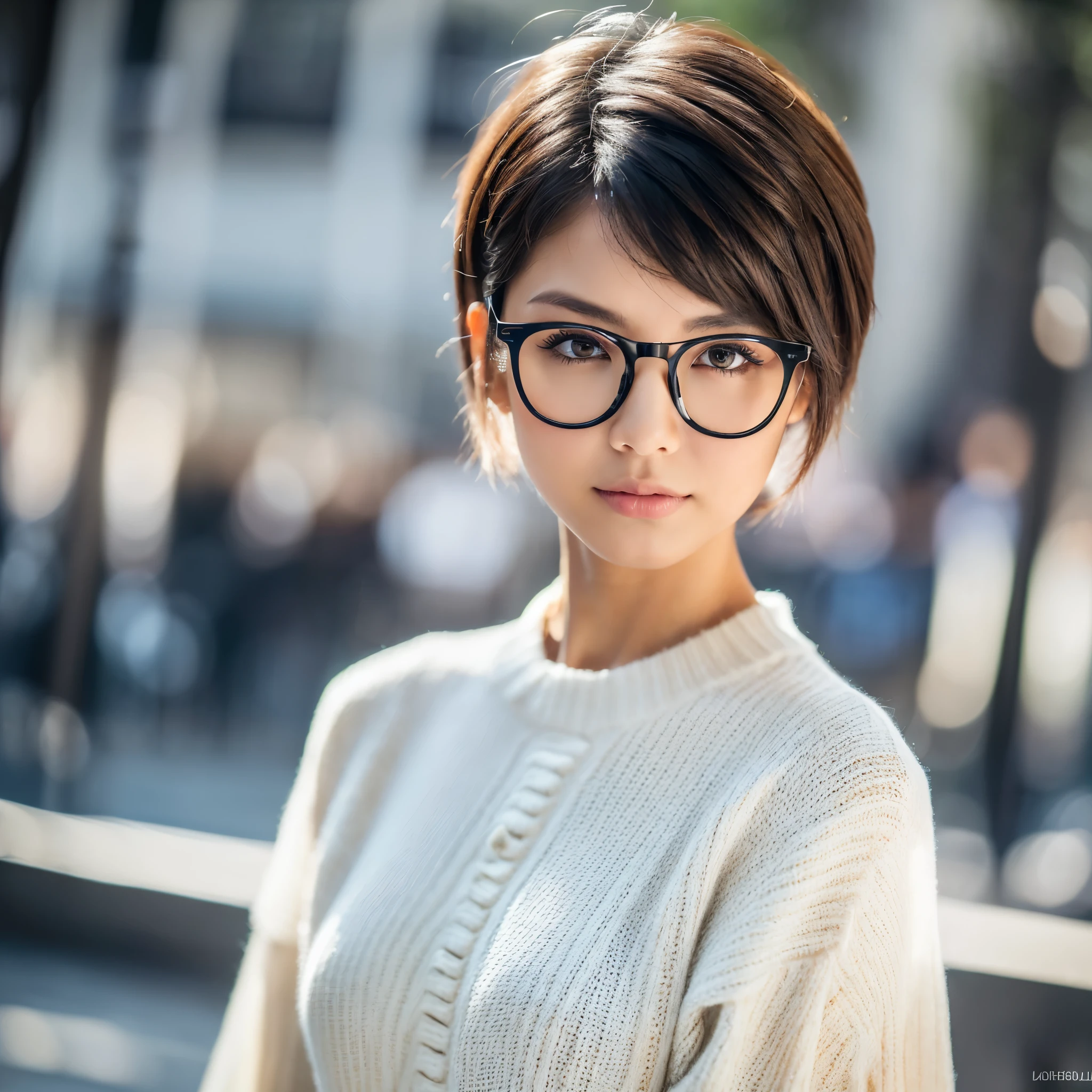 ((Best quality, 8k, Masterpiece: 1.3)), Sharp focus A beautiful woman with perfect body, Slim abdomen, ((Layered haircut: 1.2)), (White shirt), (Street: 1.2), Highly detailed face and skin texture, Detailed eyes, Double eyelid dark skin, tanned body, shy expression, wearing glasses, alluring expression , wearing sweater