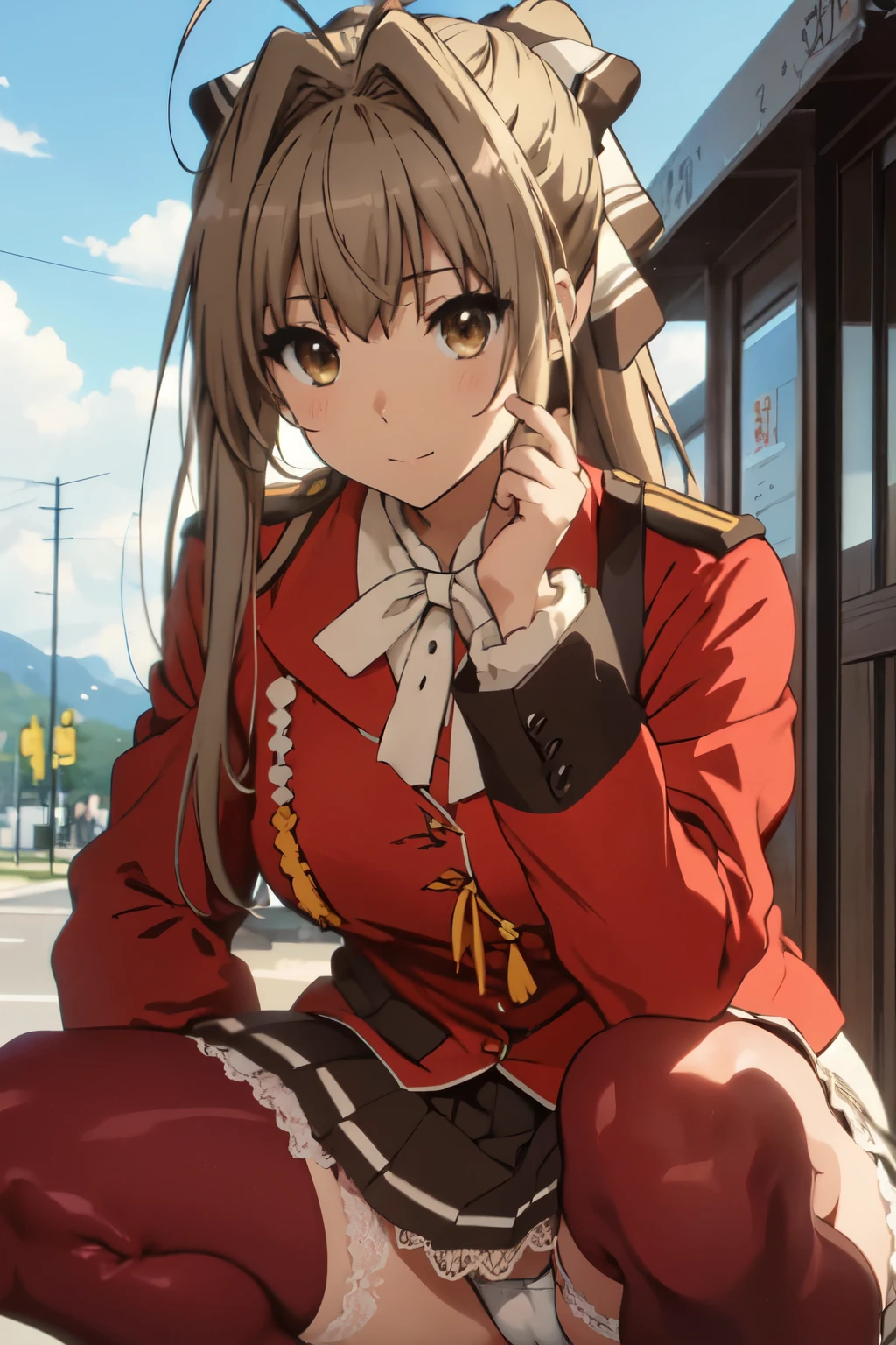 anime、best quality、masterpiece、detailed、detailed目 、sparkle in the eyes、Isuzu Sento、 solo、closed mouth、light smile、 brown hair、brown eyes、long hair、antenna hair、ponytail、hair ribbon、 sento uniform、red jacket、epaulettes、white ribbon、black skirt、white stockings、 Look at the viewer、 outdoors、embarrassing、blush、(m legs,spread legs,squatting with legs apart、white lace panties:1.3)、from below、panties focus