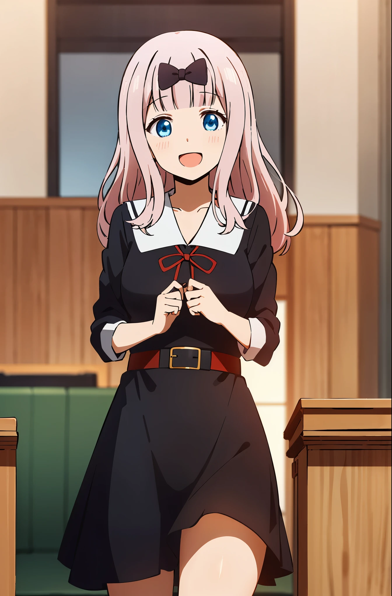 best quality, (masterpiece:1.2), detailed,
Fujiwara Chika (Kaguya-sama),
1 girl, alone, open mouth, Smile,
pink hair, blue eyes, long hair,
Uniforms, black skirt, hairpin, black bow, red belt,
Permanently installed,looking at the audience,hand in panties,spread their legs,white panties,
classroom