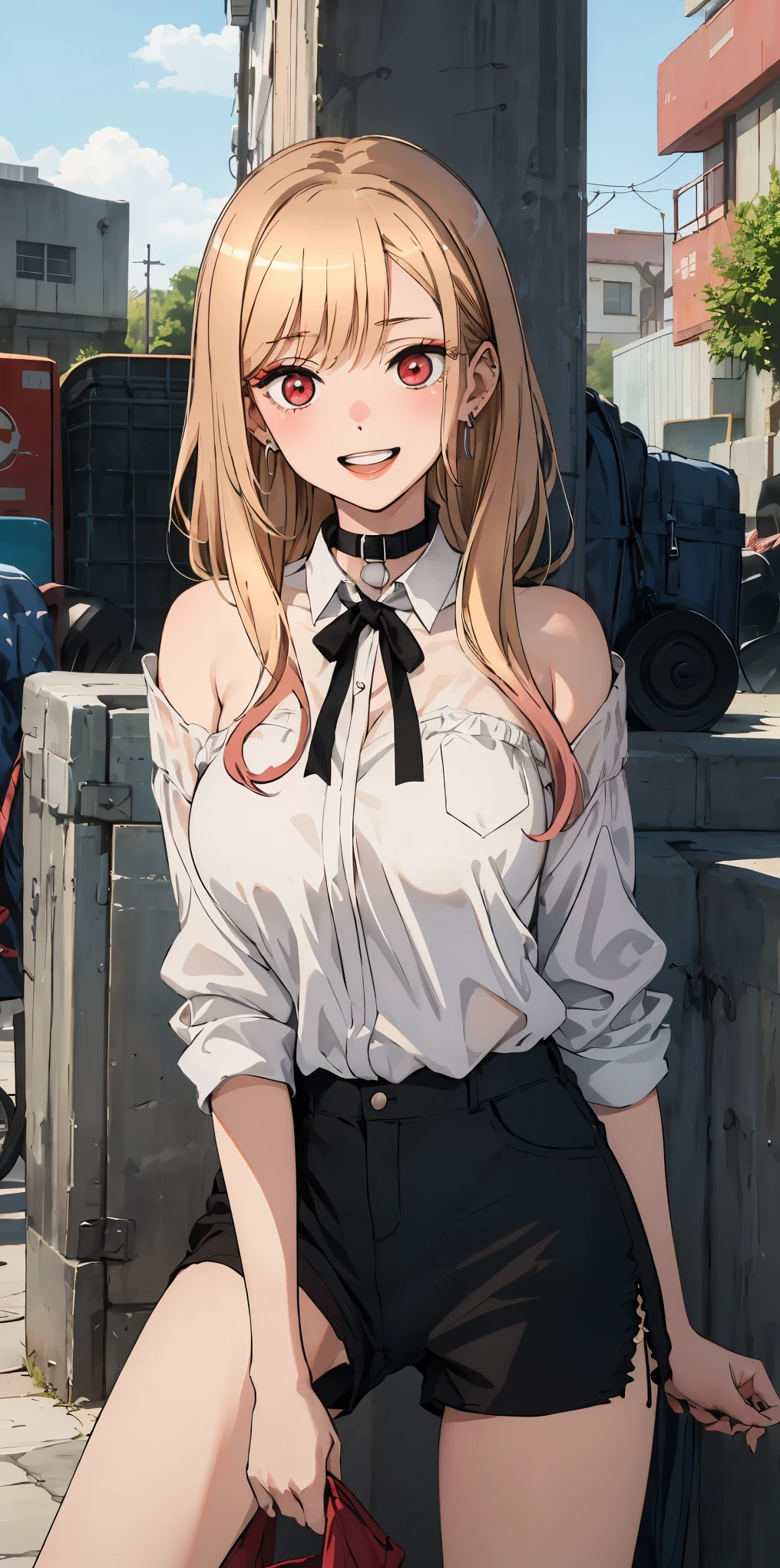 best quality, (masterpiece:1.2), detailed,
Beichuan Marine SB,
1 girl, alone, teeth, bright smile, earrings,
long hair, blonde hair, red eyes, colorful hair, black ribbon, black collar,
black shorts, White shirt, Off the shoulders, shirt tucked in,
Permanently installed, looking at the audience,
Outdoor activities, hand in panties,spread their legs,white panties,