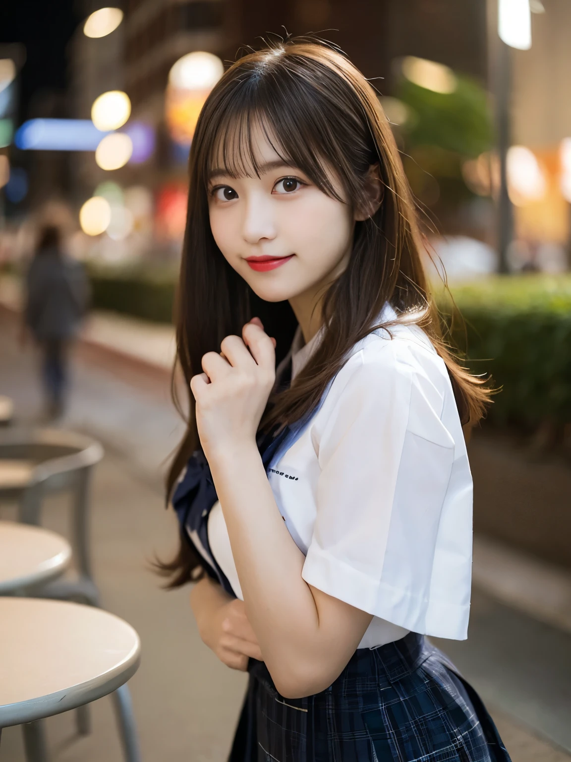 table top, highest quality, shape, Super detailed, finely, High resolution, 8k wallpaper, 完璧なダイナミックな構shape, finelyて美しい目, wearing high school uniform,medium hair,natural color lip, smile,Harajuku、age girl、cute、looking at the camera、C cup、brown hair、Blurred night new york background