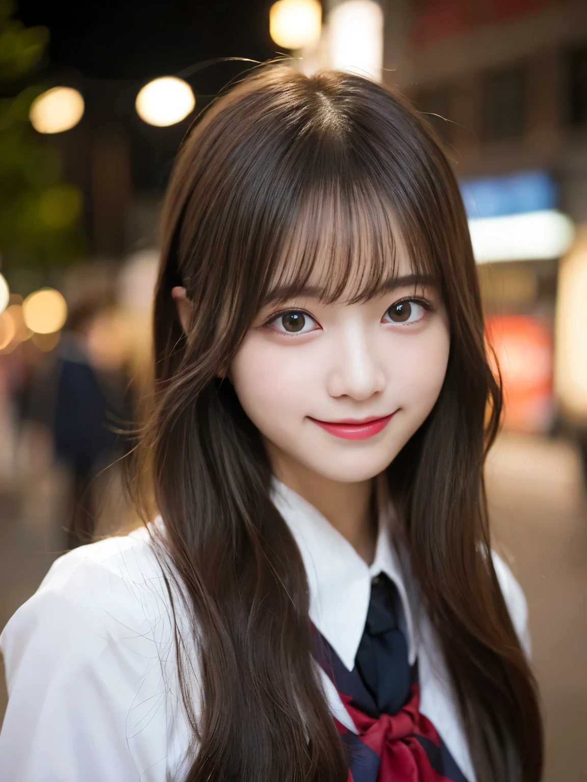 table top, highest quality, shape, Super detailed, finely, High resolution, 8k wallpaper, 完璧なダイナミックな構shape, finelyて美しい目, wearing high school uniform,medium hair,natural color lip, smile,Harajuku、teenage girl、cute、looking at the camera、C cup、brown hair、Blurred night new york background