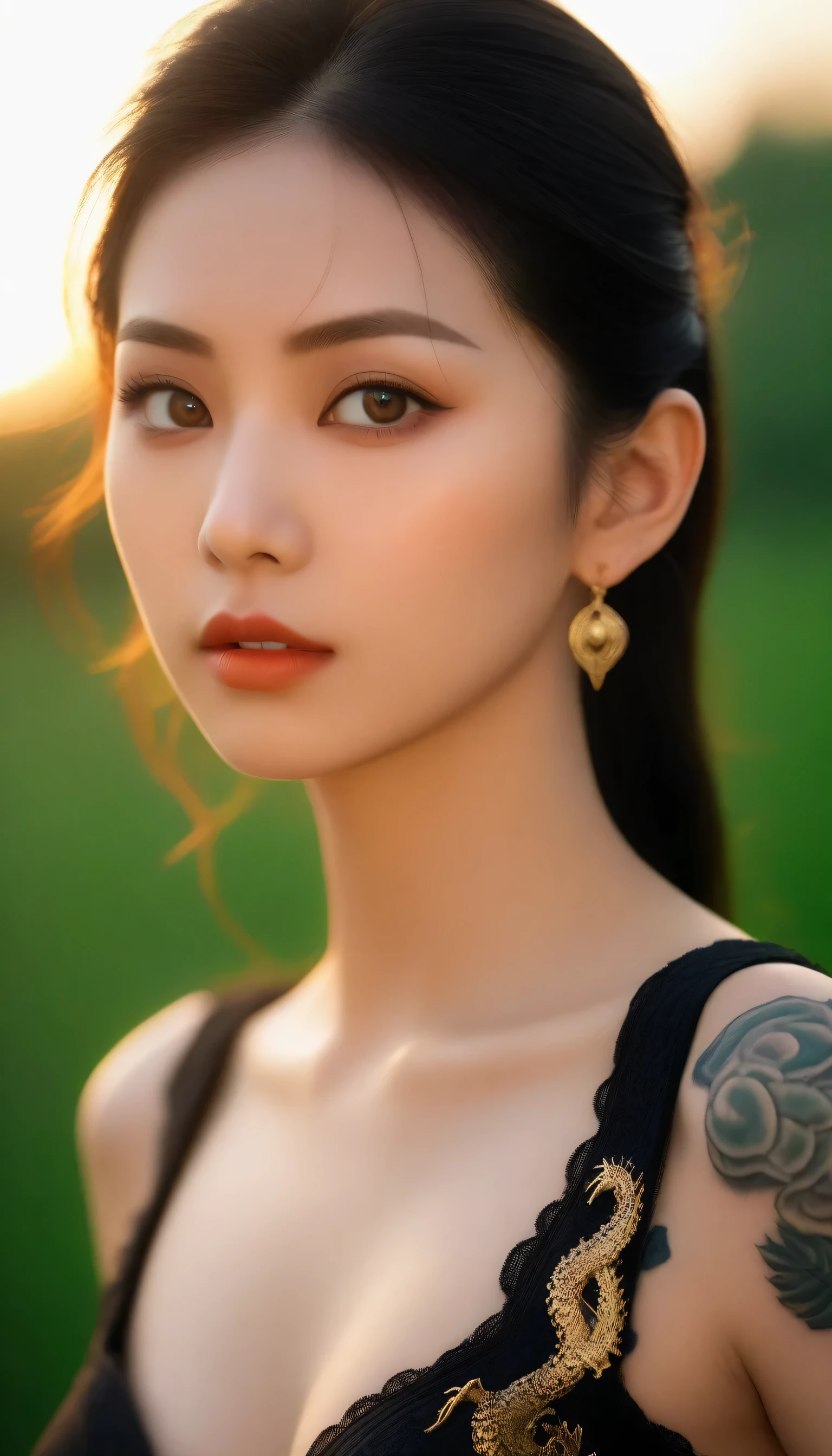 UHD 8k portrait of an attractive single Asian girl with detailed tattoos, detailed, edgy, dramatic, confident, mirrorless, ultra-wide angle, sunset, lifestyle editorial, black and white, high, backlit