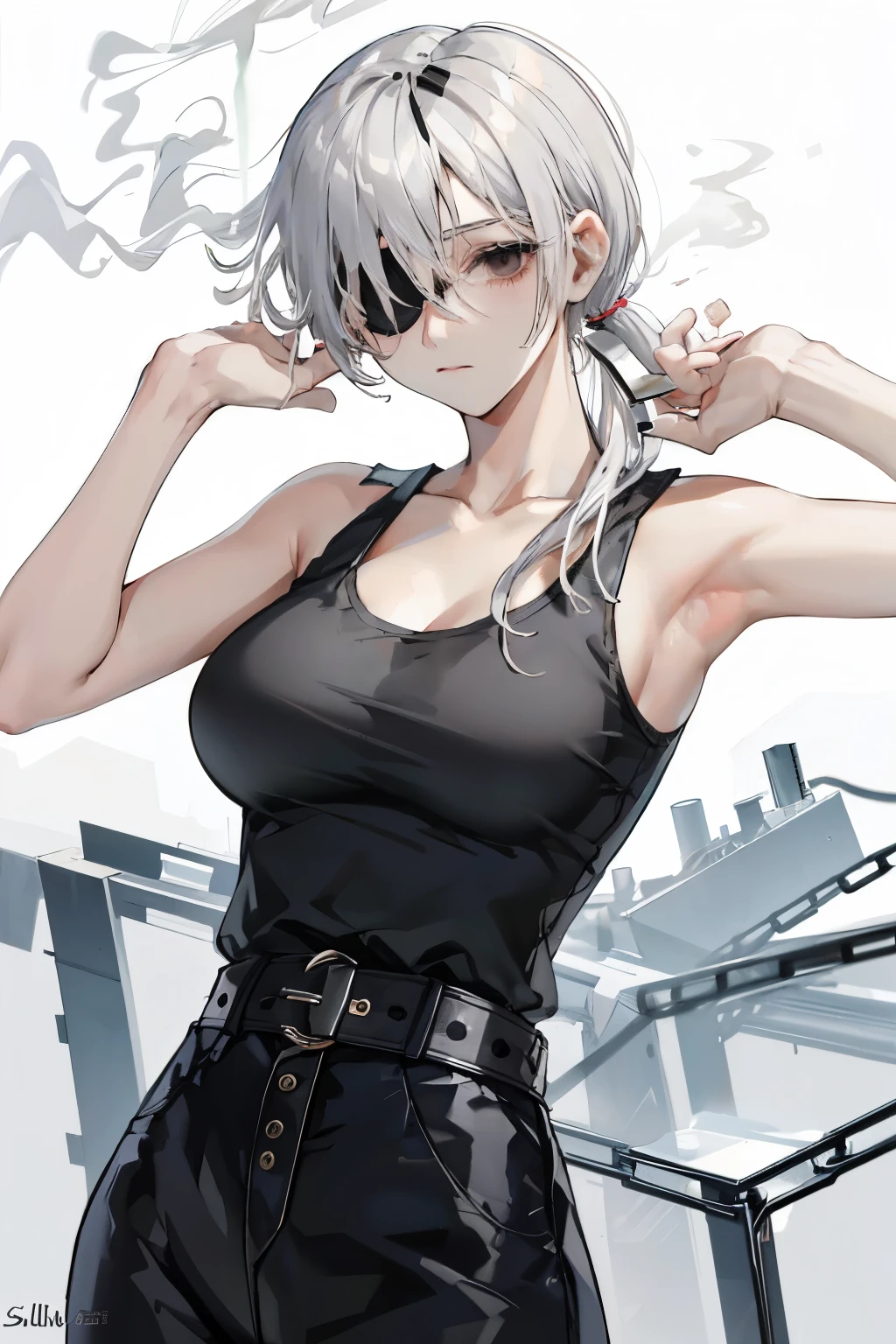 masterpiece, best quality, quanxi (chain saw man), 1girl, solo, black tank top, eye patch, belt, breasts, Slacks, white hair, black trousers, hair long, ponytail, smoking cigarette