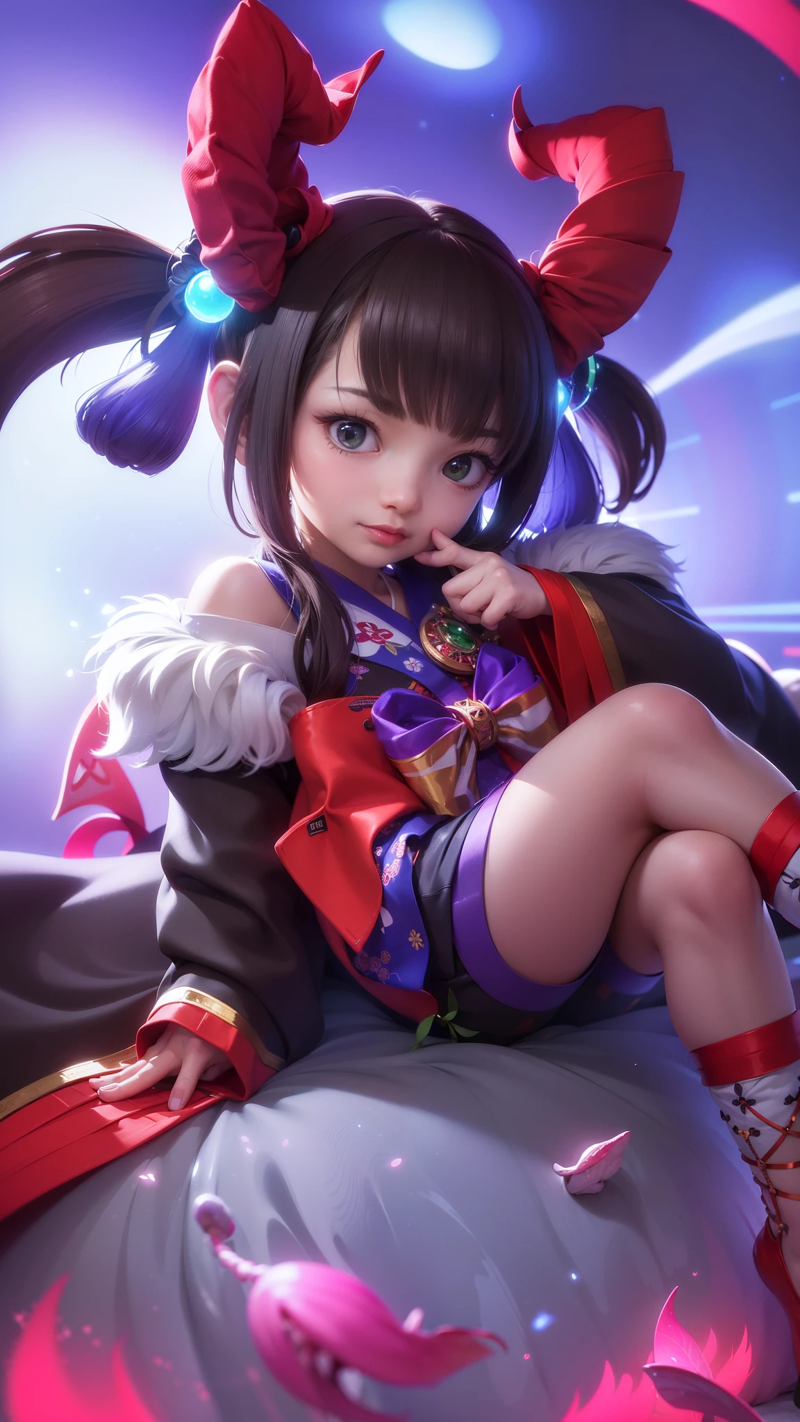 (8k, RAW photo, photorealistic:1.25) ,( lipgloss, eyelashes, gloss-face, glossy skin, best quality, ultra highres, depth of field, chromatic aberration, caustics, Broad lighting, natural shading, looking at viewer with a serene and goddess-like happiness, change from mobile legend game, black hair, red eyes, green ribbon, green kimono outfit, dynamic pose, outer space, relisem, 4k, hd, 1080p.