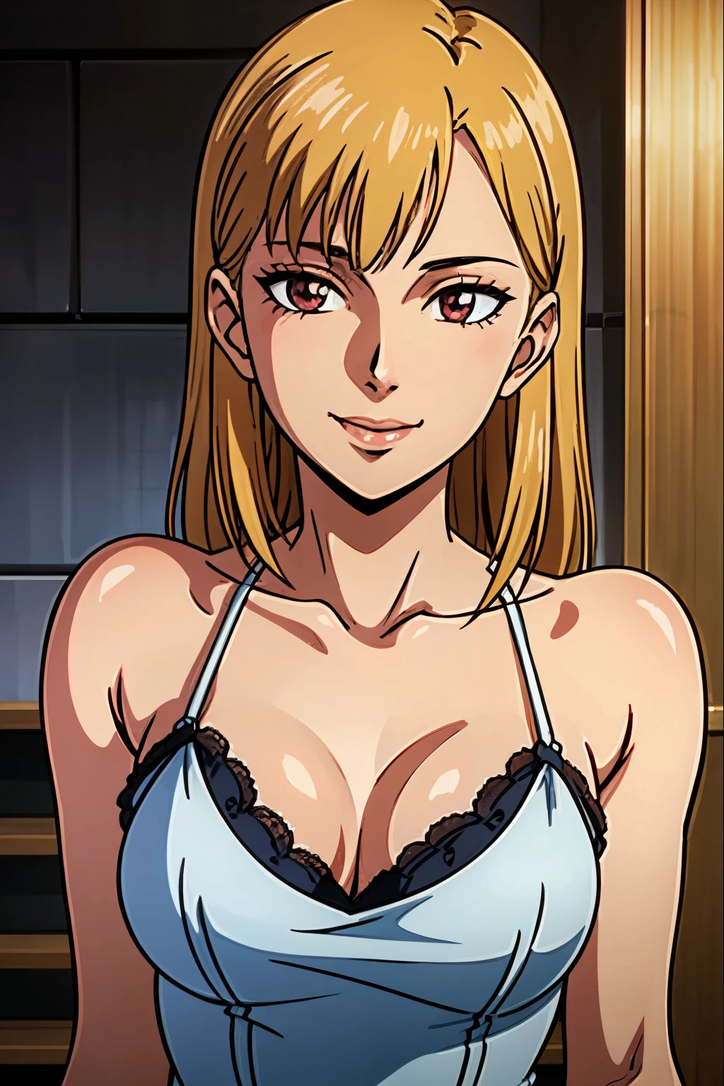 extremely detailed, anime, best quality, photorealistic:1.3 , detailed face, seductive smile, heart, highres, shiny eyes, pale skin, lustrous skin, sexy lacy slip dress, cute girl, 8K, HDR