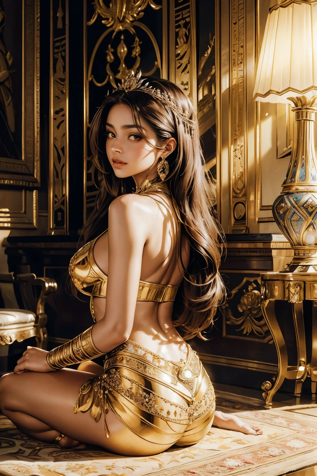 (Top Quality, 4K), Beautiful Egyptian Princess, One radiant young woman with brown eyes and long, lustrous locks, Elegant Room, Intimate setting filled with opulence and refinement, Golden hues and intricate patterns, Ultra-detailed, Stunningly realistic,

The Egyptian Princess, with her mesmerizing brown eyes and luminous brown locks cascading down her back, sits regally in an elegant room. The richly decorated chamber is bathed in soft, golden light, illuminating every intricate detail. Delicate fabrics adorn the walls, their texture finely depicted, while golden accents gleam brilliantly. The classic Egyptian motifs and patterns