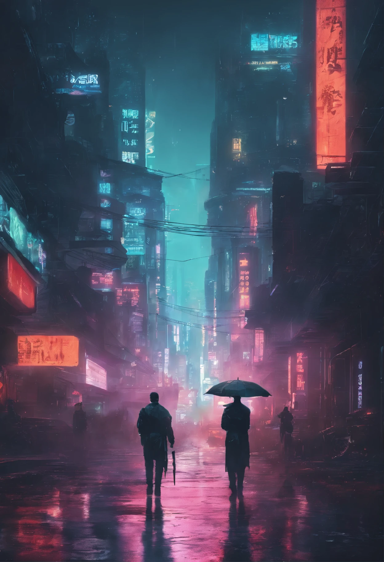 There is a man walking down the street with an umbrella, Liam Wong(Liam Wong)Cyberpunk art inspired by, trending on Artstation, digital art, Rainy Cyberpunk City, Cyberpunk Blade Runner Art, Cyberpunk Digital Painting, Cinematic Digital Painting, ross tran 8 k, Cyberpunk Art Surreal 8K, Cinematic Matte Illustration, Like a scene from Blade Runner, 8K Digital Painting, Cyberpunk Theme Art