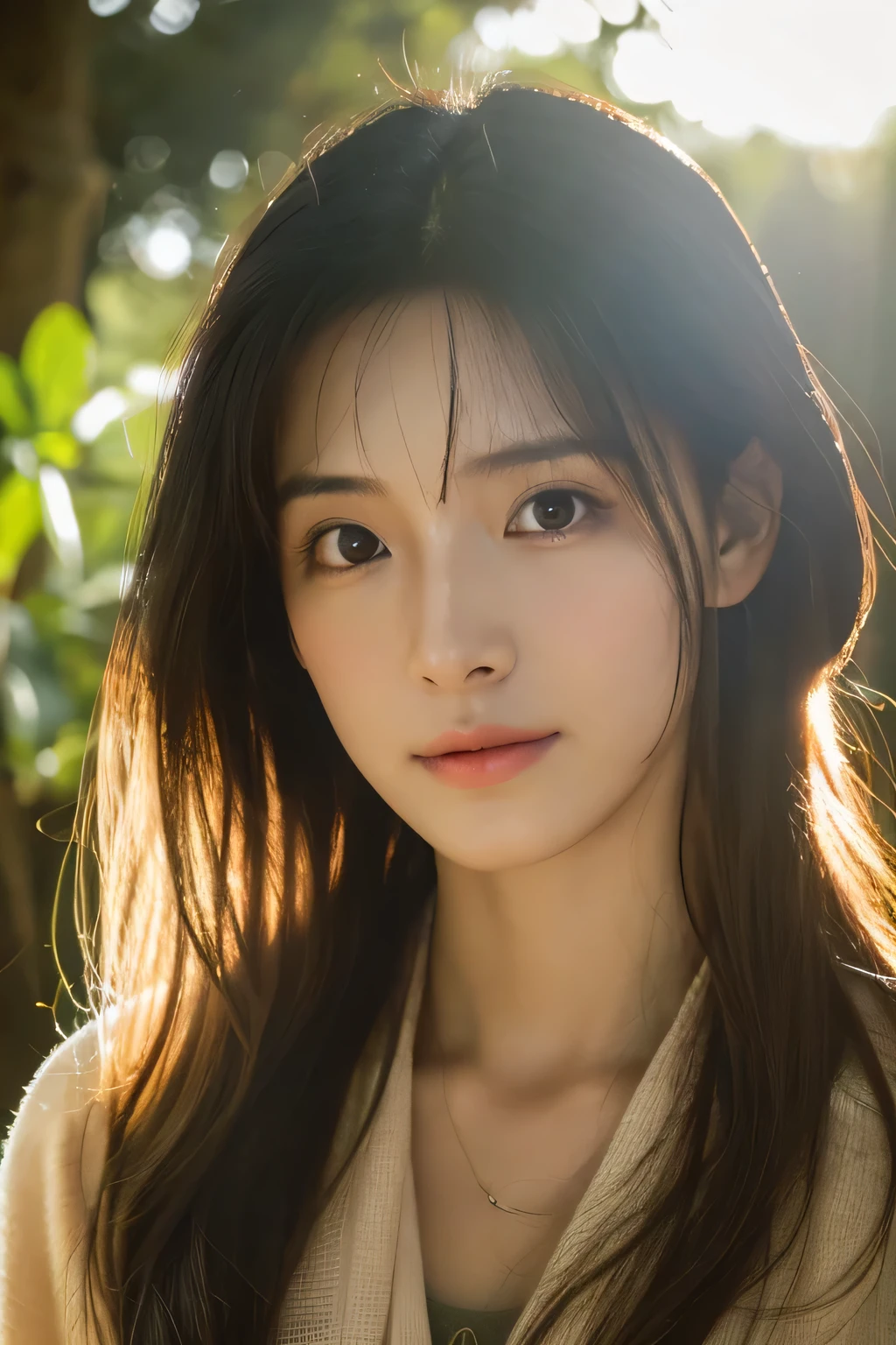 8k、High resolution、Beautiful woman of primitive times、young、white skin,、narrow eyes,high nose,lighting that illuminates the face、clear image、intellectual beauty、skinny、no makeup、The expression you show to your lover,shining hair、single eyelid,、vivid pose、looking at camera、relax on vacation、first inhabited country、Primeval forest、Hunting life、