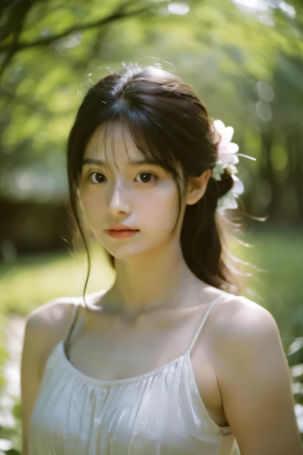 8k、High resolution、Beautiful woman of primitive times、young、white skin,、narrow eyes,high nose,lighting that illuminates the face、clear image、intellectual beauty、skinny、no makeup、The expression you show to your lover,shining hair、single eyelid,、vivid pose、looking at camera、relax on vacation、first inhabited country、Primeval forest、Hunting life、