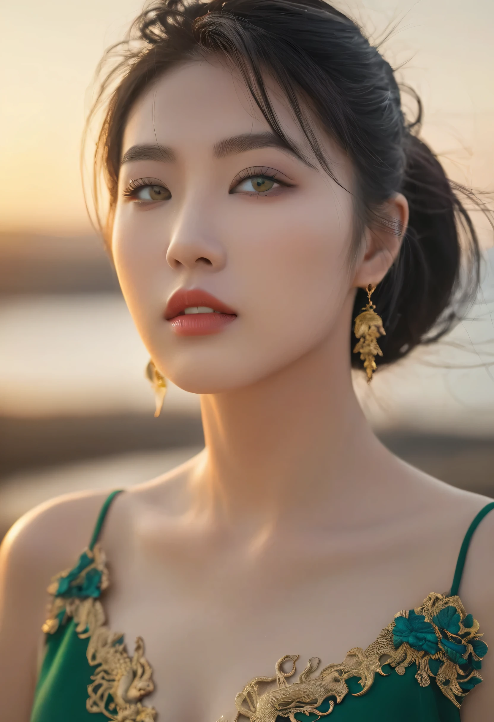 UHD 8k portrait of an attractive single Asian girl with detailed tattoos, detailed, edgy, dramatic, confident, mirrorless, ultra-wide angle, sunset, lifestyle editorial, black and white, high, backlit