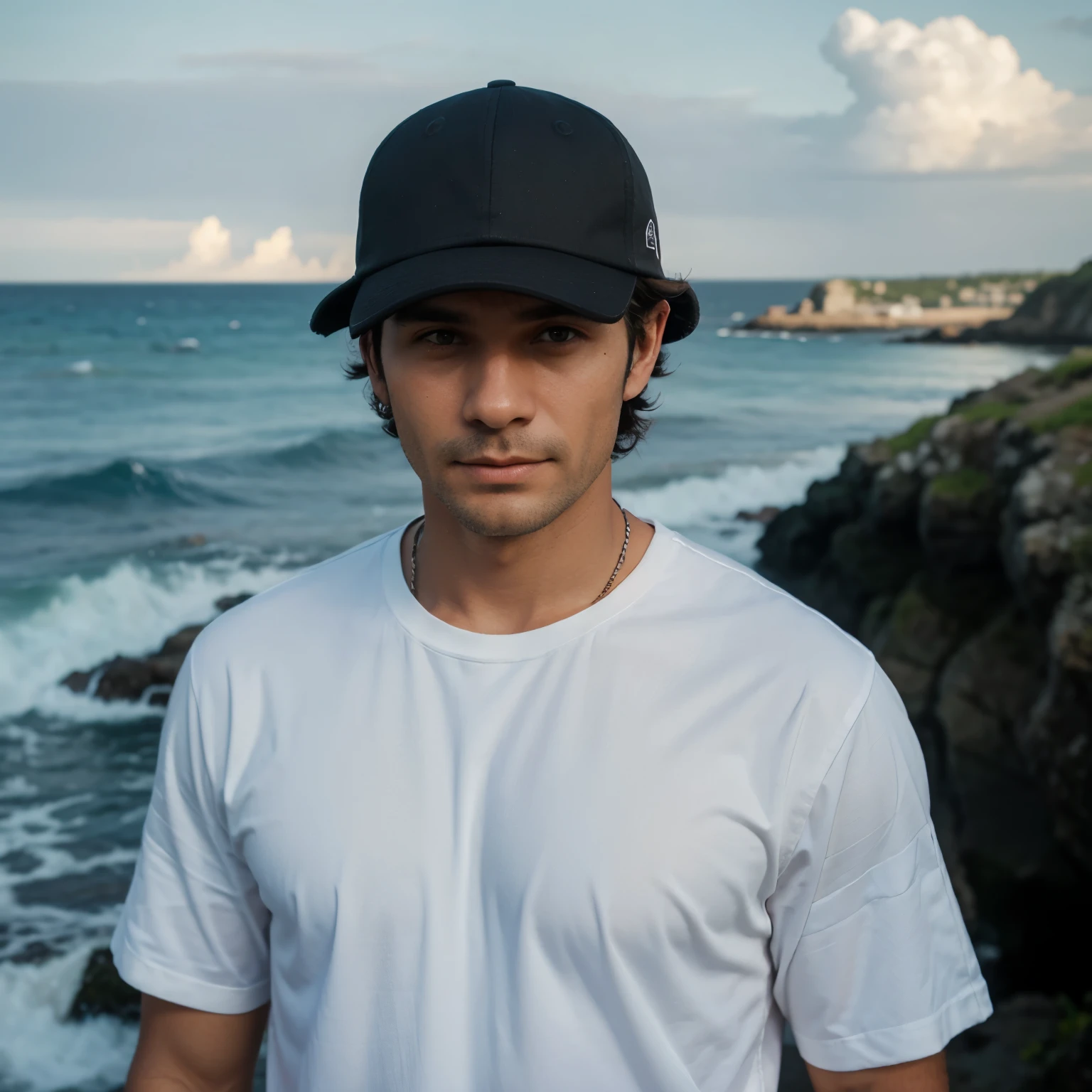 A man wearing his hat backwards by the sea